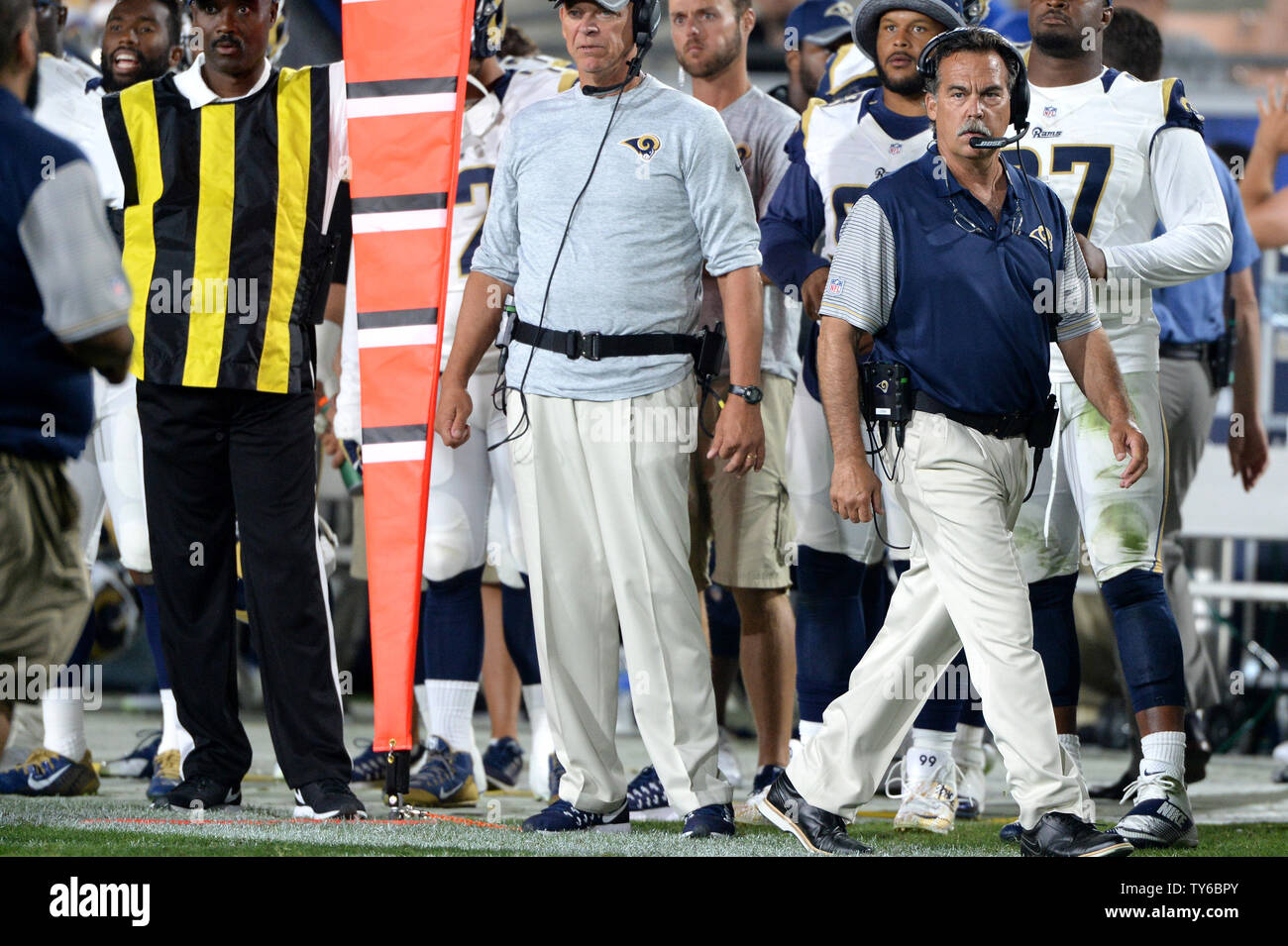 Los Angeles Rams' head coach Jeff Fisher walks the sidelines during game against the Kansas City Chiefs'  at the Los Angeles Coliseum in Los Angeles on August 20, 2016. Photo by Jon SooHooUPI Stock Photo
