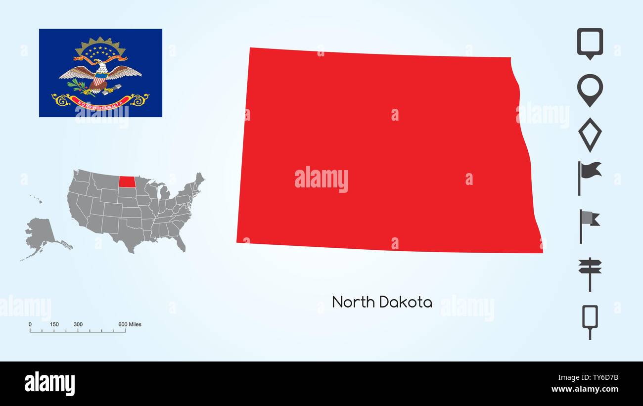 Map of The United States of America with the Selected State of North Dakota And North Dakota Flag with Locator Collection. Stock Vector