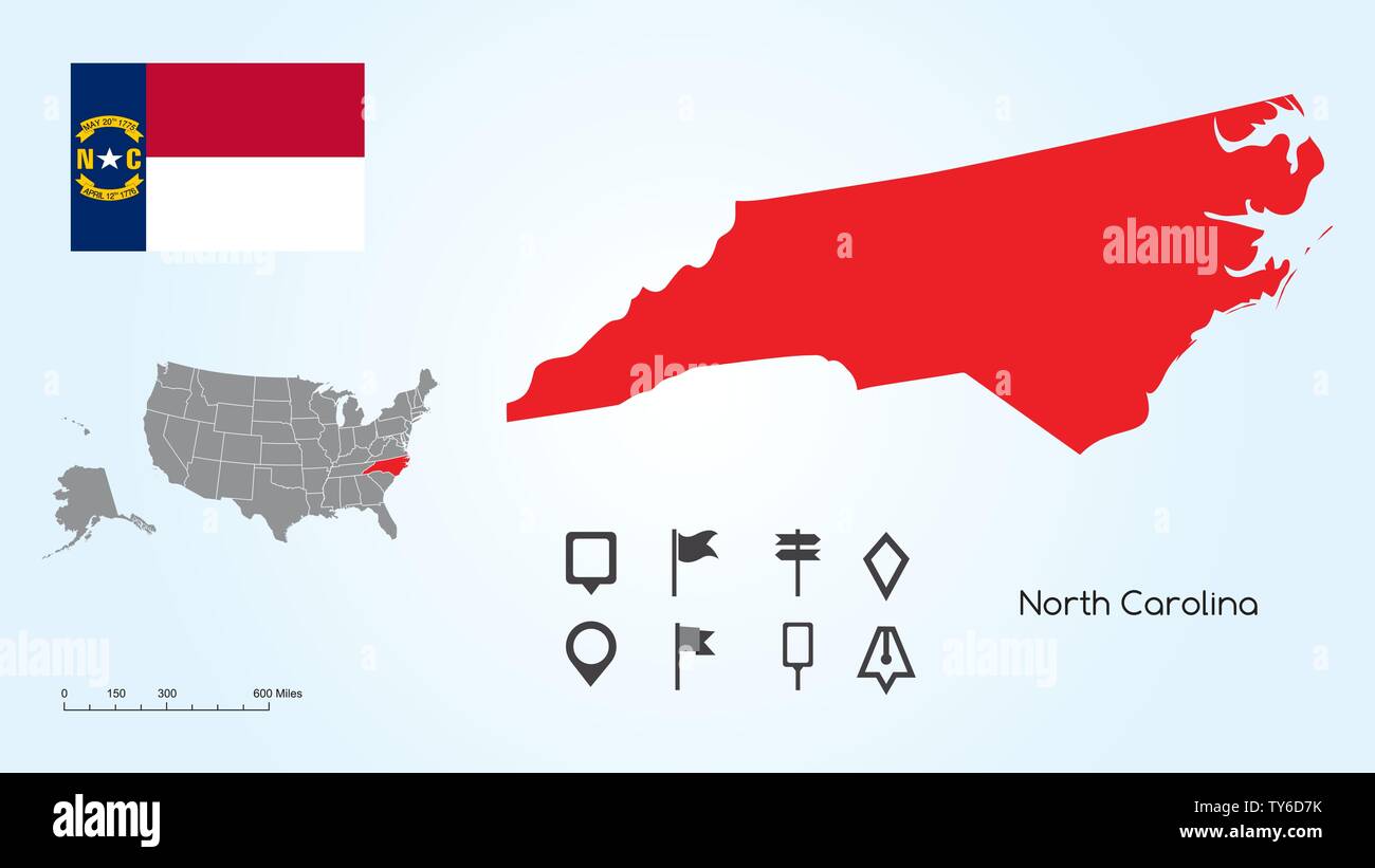 Map of The United States of America with the Selected State of North Carolina And North Carolina Flag with Locator Collection. Stock Vector