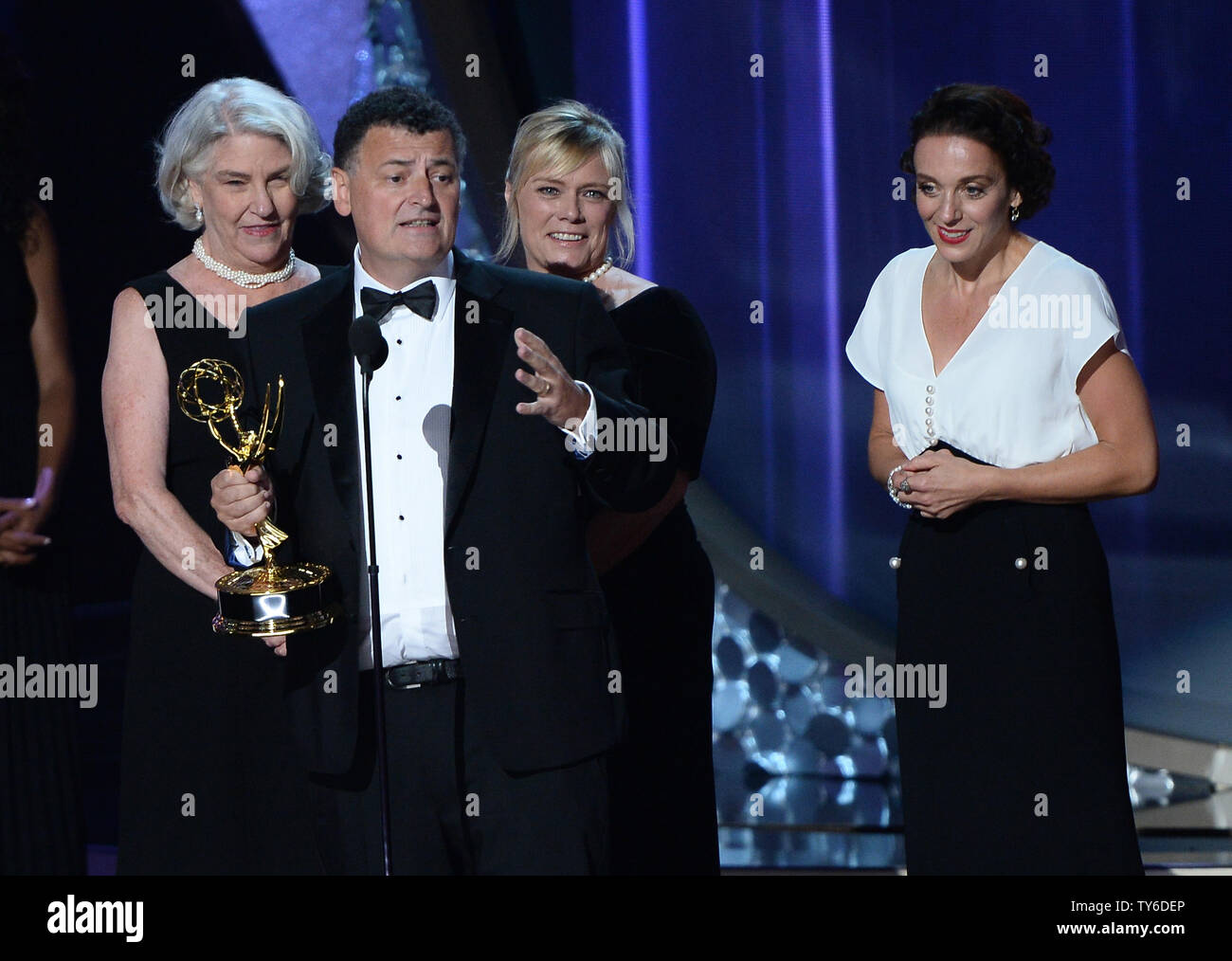 (L-R) Producers Rebecca Eaton, Sue Vertue, Steven Moffat and Amanda Abbington accept the award for Outstanding Television Movie for 'Sherlock: The Abominable Bride' onstage during the 68th annual Primetime Emmy Awards at Microsoft Theater in Los Angeles on September 18, 2016. Photo by Jim Ruymen/UPI Stock Photo