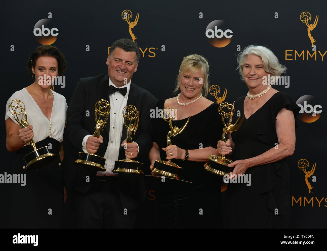 Actress Amanda Abbington and producers Steven Moffat, Sue Vertue and Rebecca Eaton appear backstage with their awards they won for Outstanding Television Movie for 'Sherlock: The Abominable Bride,' during the 68th annual Primetime Emmy Awards at Microsoft Theater in Los Angeles on September 18, 2016. Photo by Christine Chew/UPI Stock Photo