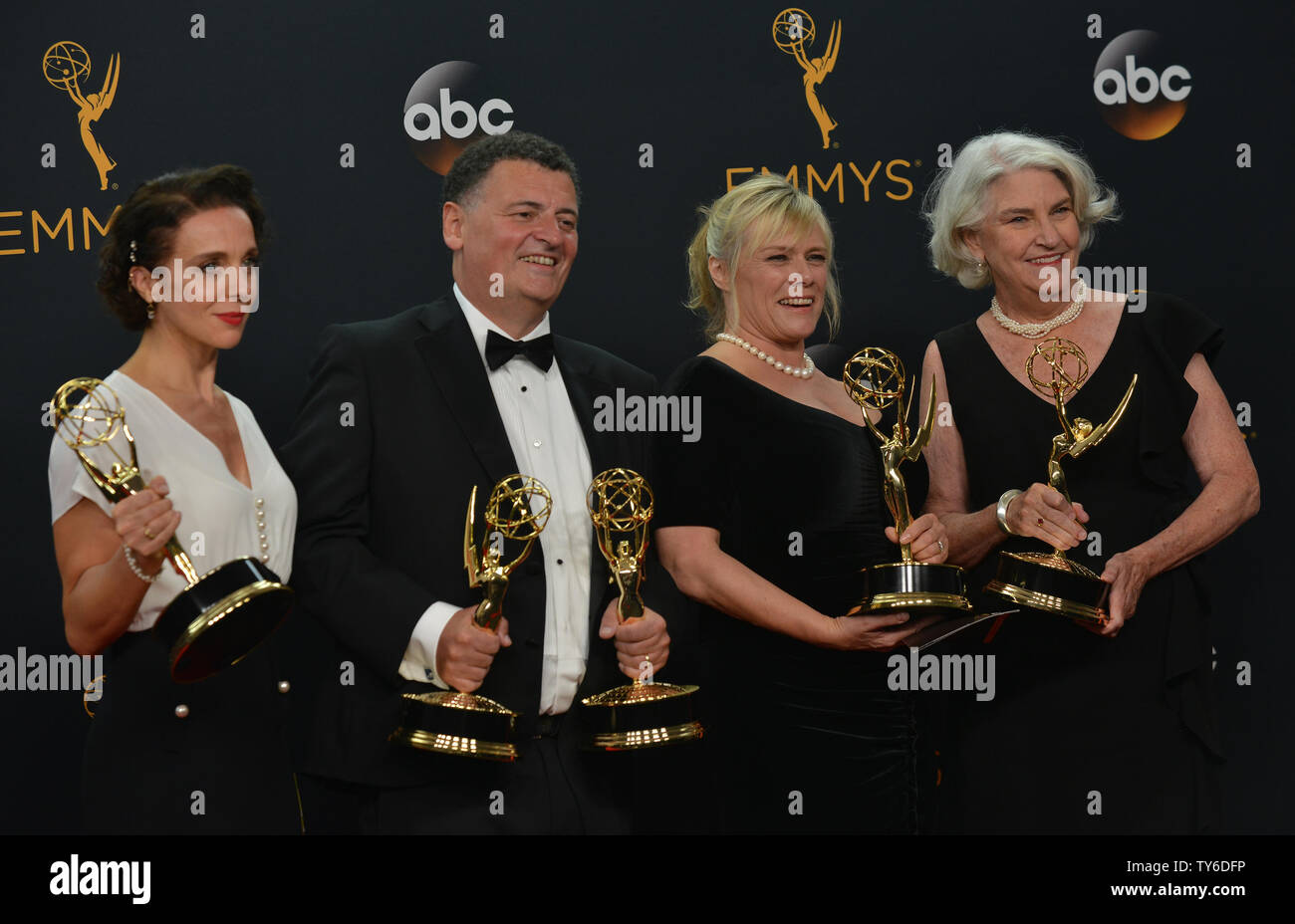 Actress Amanda Abbington and producers Steven Moffat, Sue Vertue and Rebecca Eaton appear backstage with their awards they won for Outstanding Television Movie for 'Sherlock: The Abominable Bride,' during the 68th annual Primetime Emmy Awards at Microsoft Theater in Los Angeles on September 18, 2016. Photo by Christine Chew/UPI Stock Photo