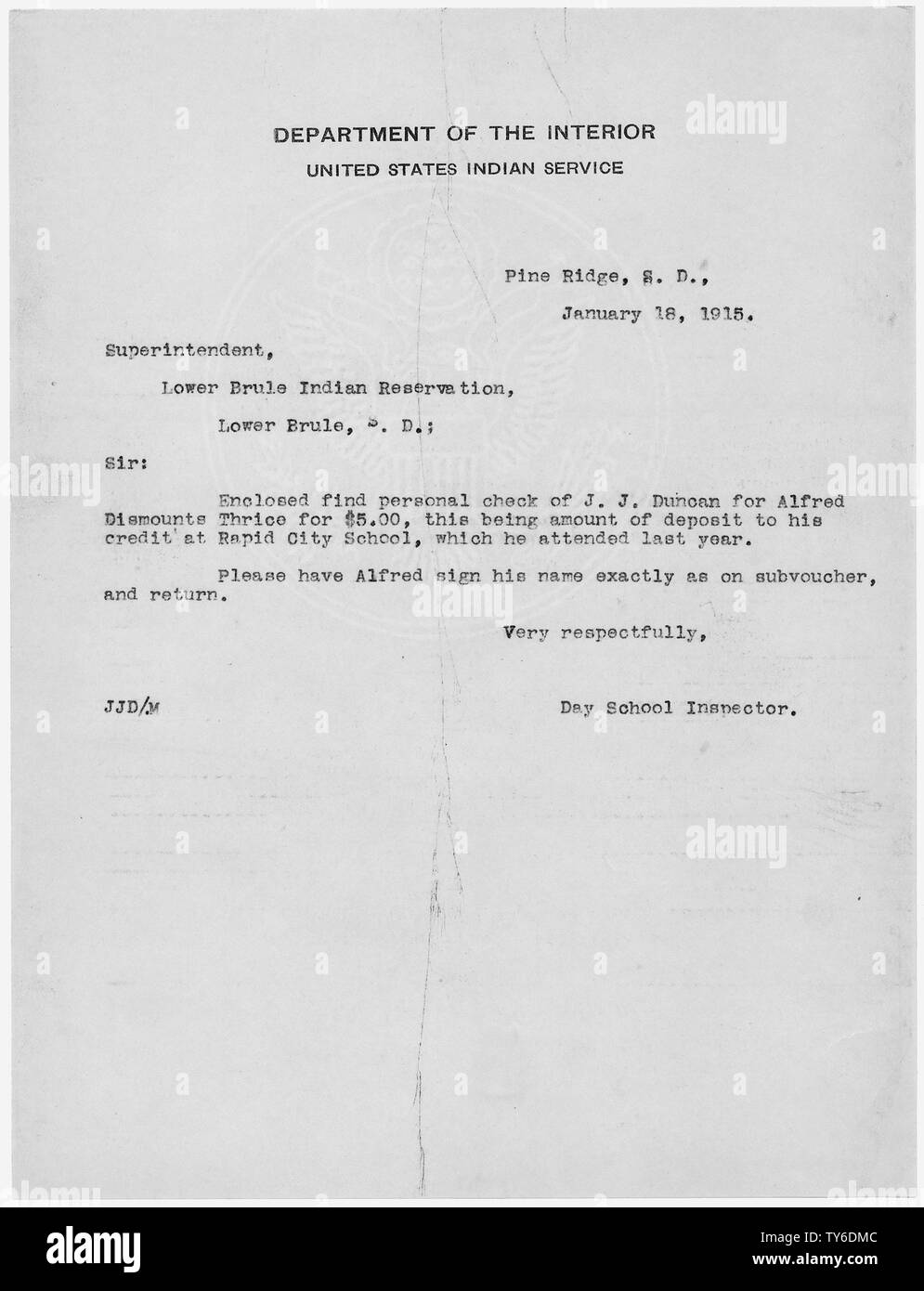 J.J. Duncan to Superintendent, Lower Brule Indian Reservation, South Dakota Stock Photo Alamy