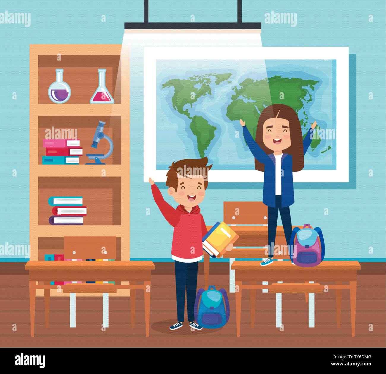 girls and boy students with backpacks in the classroom Stock Vector