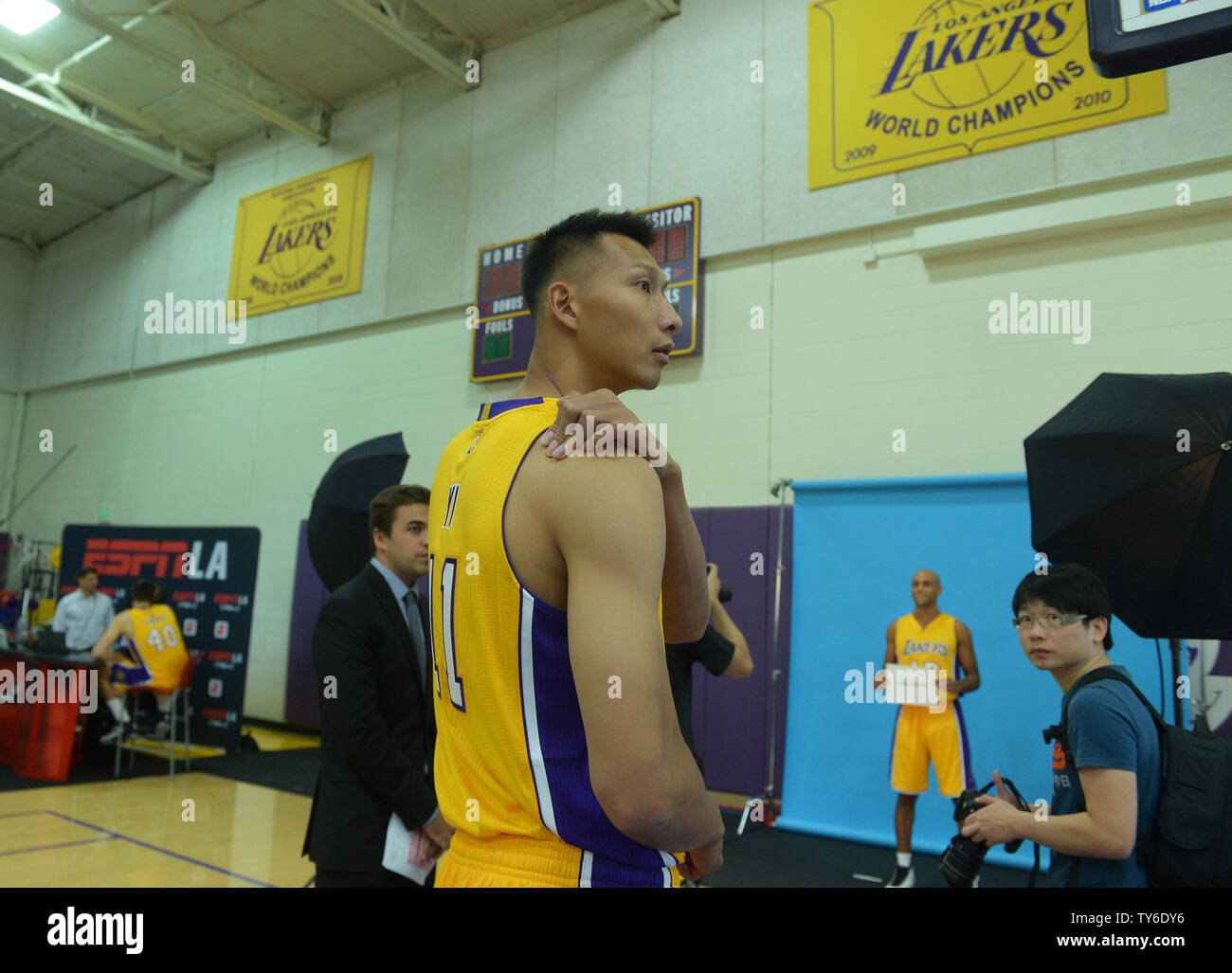 Los Angeles Lakers' Yi Jianlian participates in Laker media day at the