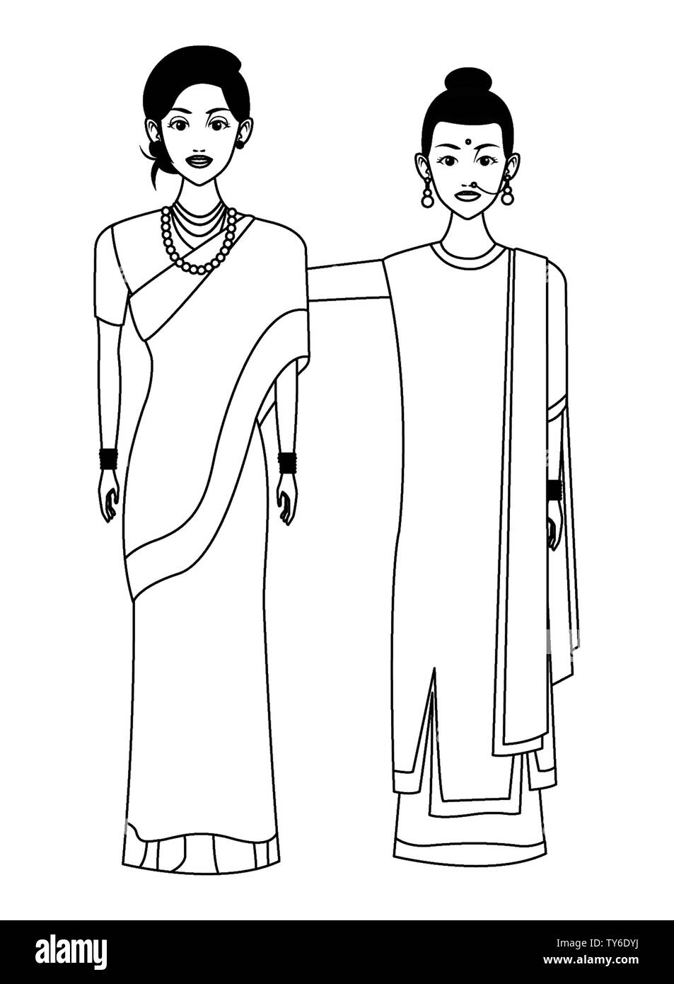 indian women avatar cartoon character in black and white Stock Vector ...