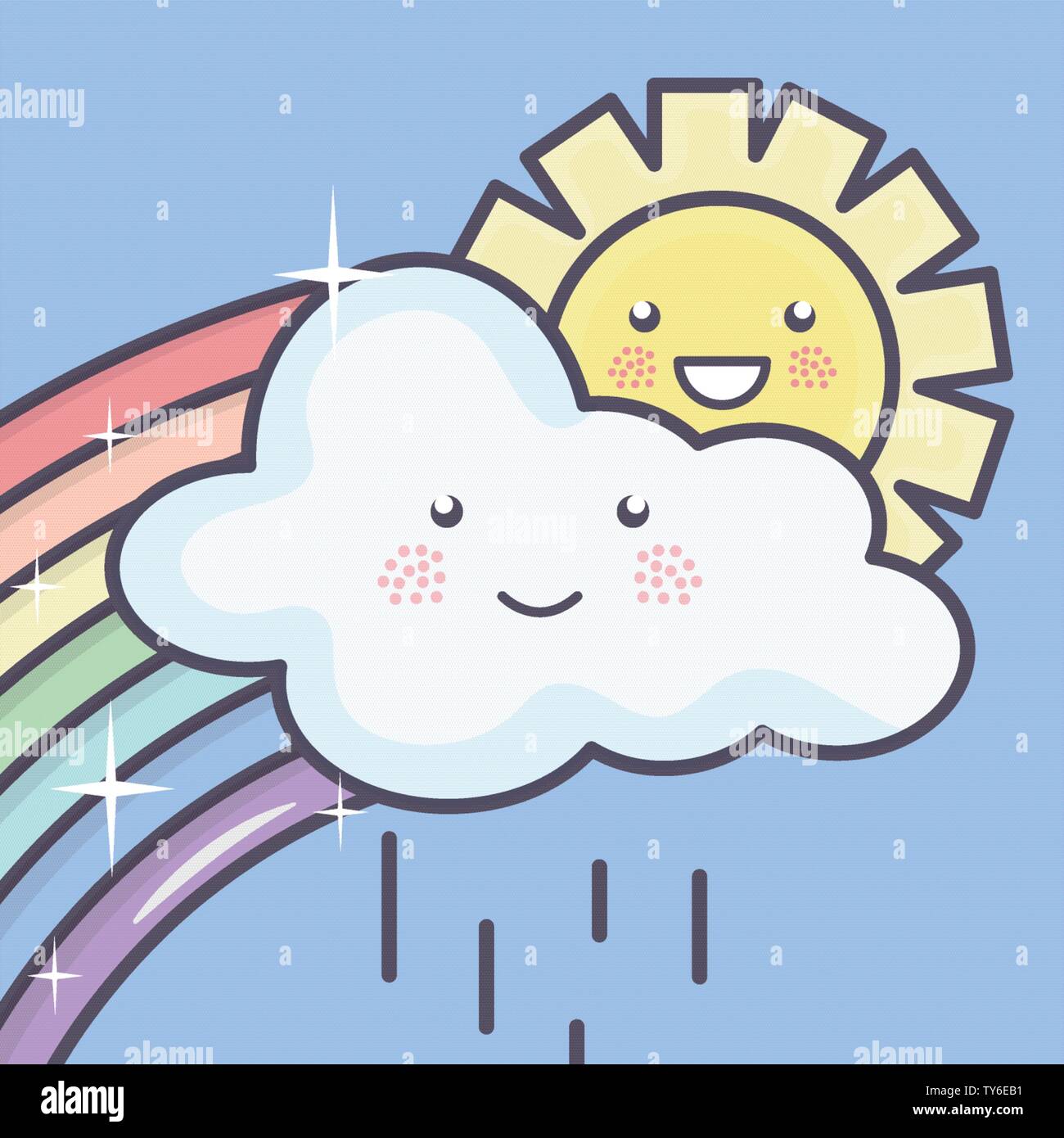 cute summer sun and clouds rainy with rainbow kawaii characters ...