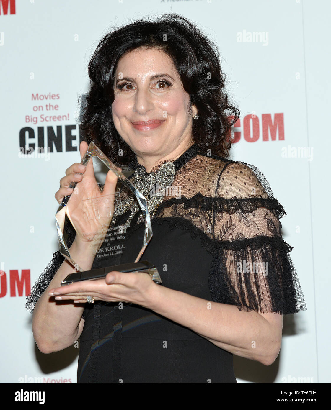Honoree Sue Kroll holds up the 2nd Annual Sid Grauman Award she received from the American Cinematheque at the organization's annual award show at the Beverly Hilton in Beverly Hills, California on October 14, 2016. The event is a fundraiser to benefit the community film programs of the American Cinematheque, a non-profit viewer-supported arts organization that preserves the historic Egyptian Theatre on Hollywood Boulevard and the Aero Theatre in Santa Monica. Photo by Christine Chew/UPI Stock Photo