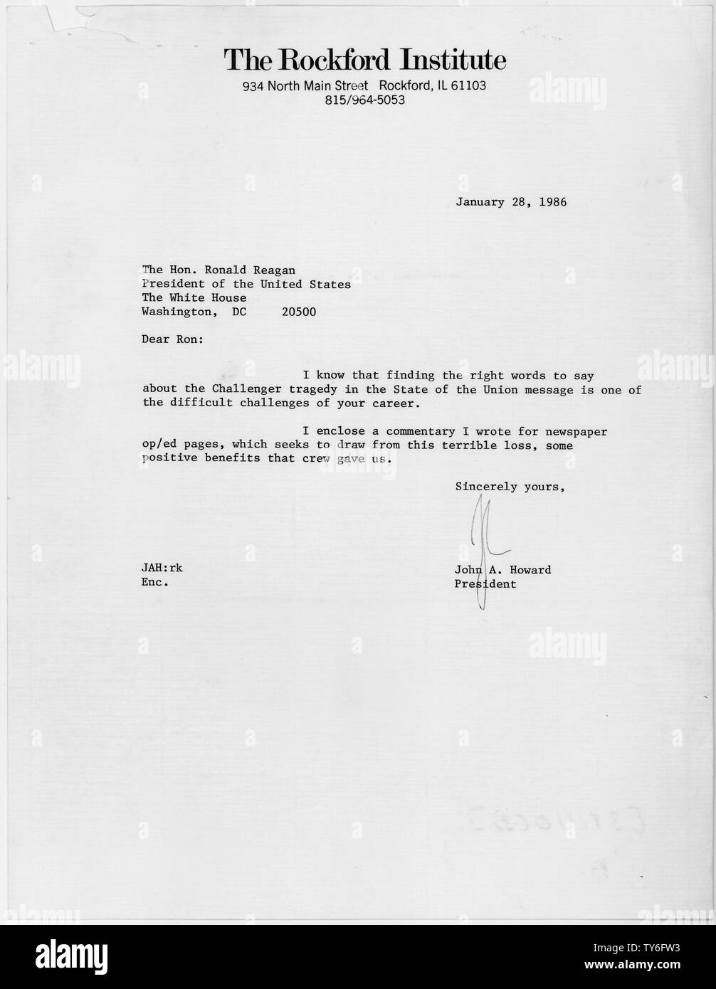 January 28, 1986 letter from John A. Howard to Ronald Reagan, regarding Howard's column on the Space Shuttle Challenger accident; Scope and content:  Letter from the president of the Rockford Institute (a conservative think tank) to President Reagan, written on the day of the space shuttle Challenger explosion. Stock Photo