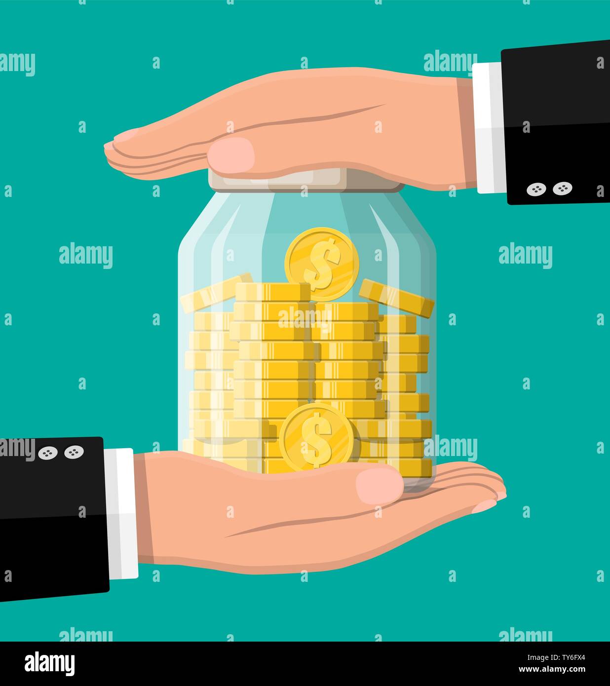 Glass money jar full of gold coins and hands Stock Vector
