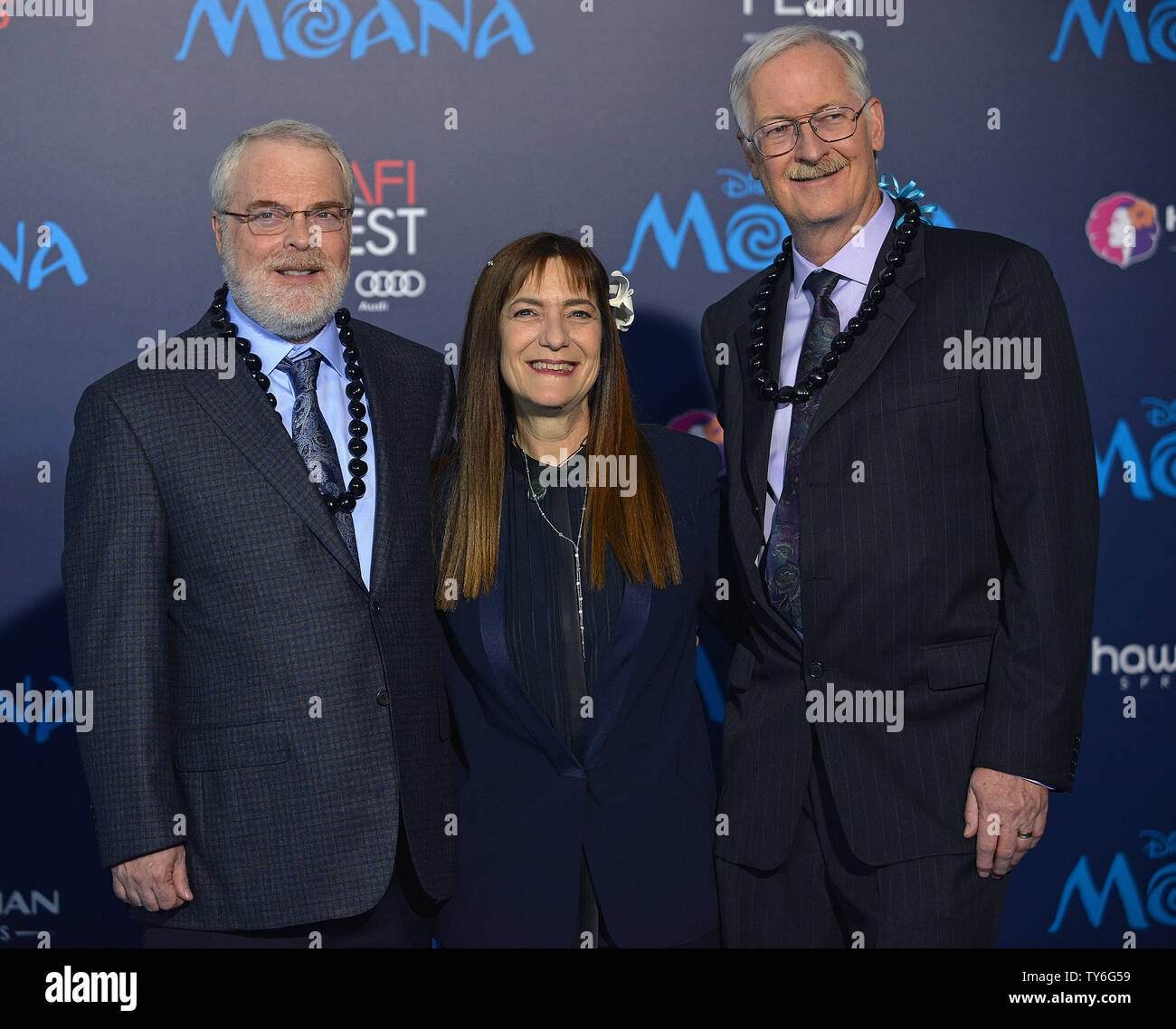 Producer Osnat Shurer (center) and co-directors Ron Clements (L) and John Musker arrive at the world premiere of Walt Disney Animation Studios' 'Moana' at Hollywood's El Capitan Theatre in Los Angeles, California on November 14, 2016. The premiere is part of the lineup for AFI FEST 2016. Photo by Christine Chew/UPI Stock Photo