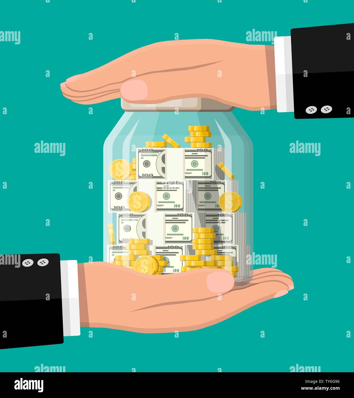 Glass money jar full of gold coins and banknotes. Stock Vector