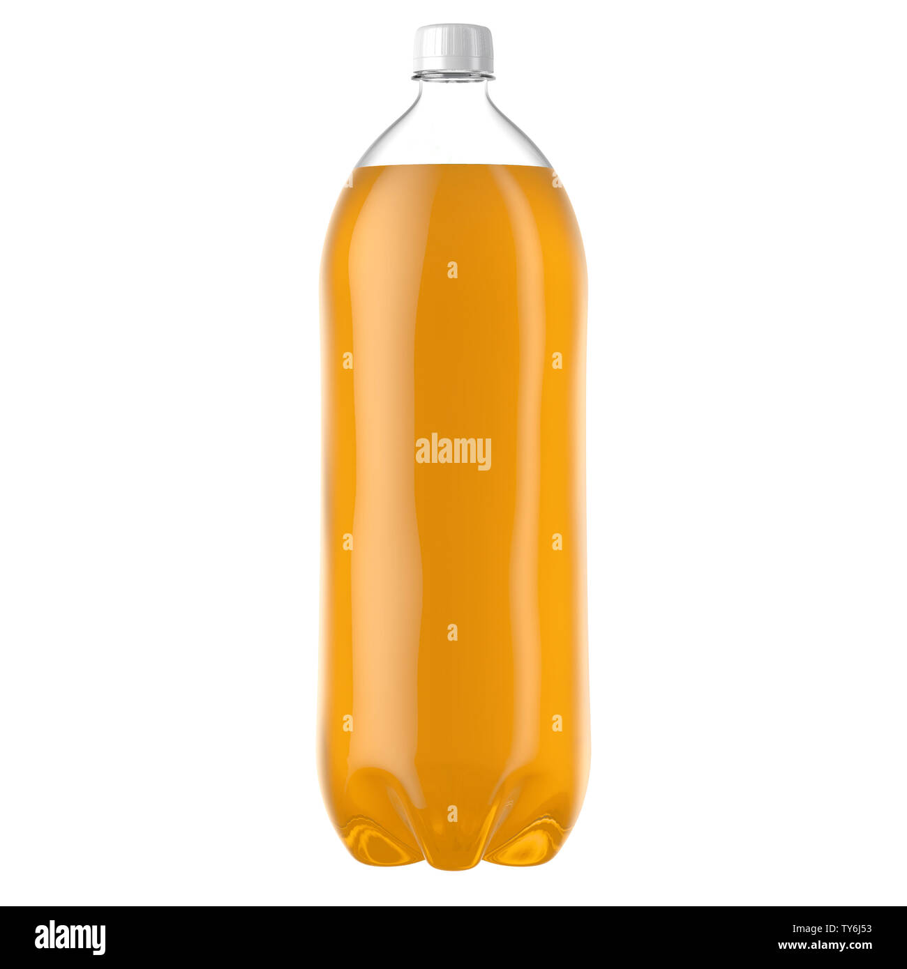 A plastic two liter orange soda bottle on an isolated white studio background - 3D render Stock Photo