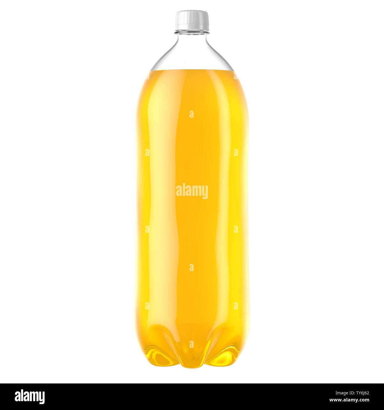 A plastic two liter yellow soda bottle on an isolated white studio background - 3D render Stock Photo