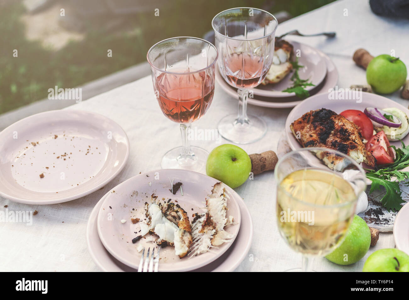 Glasses of white and rose wine, grilled fish plates, vegetables, salad and fruits on the table. Summer party in the backyard. Horizontal shot Stock Photo