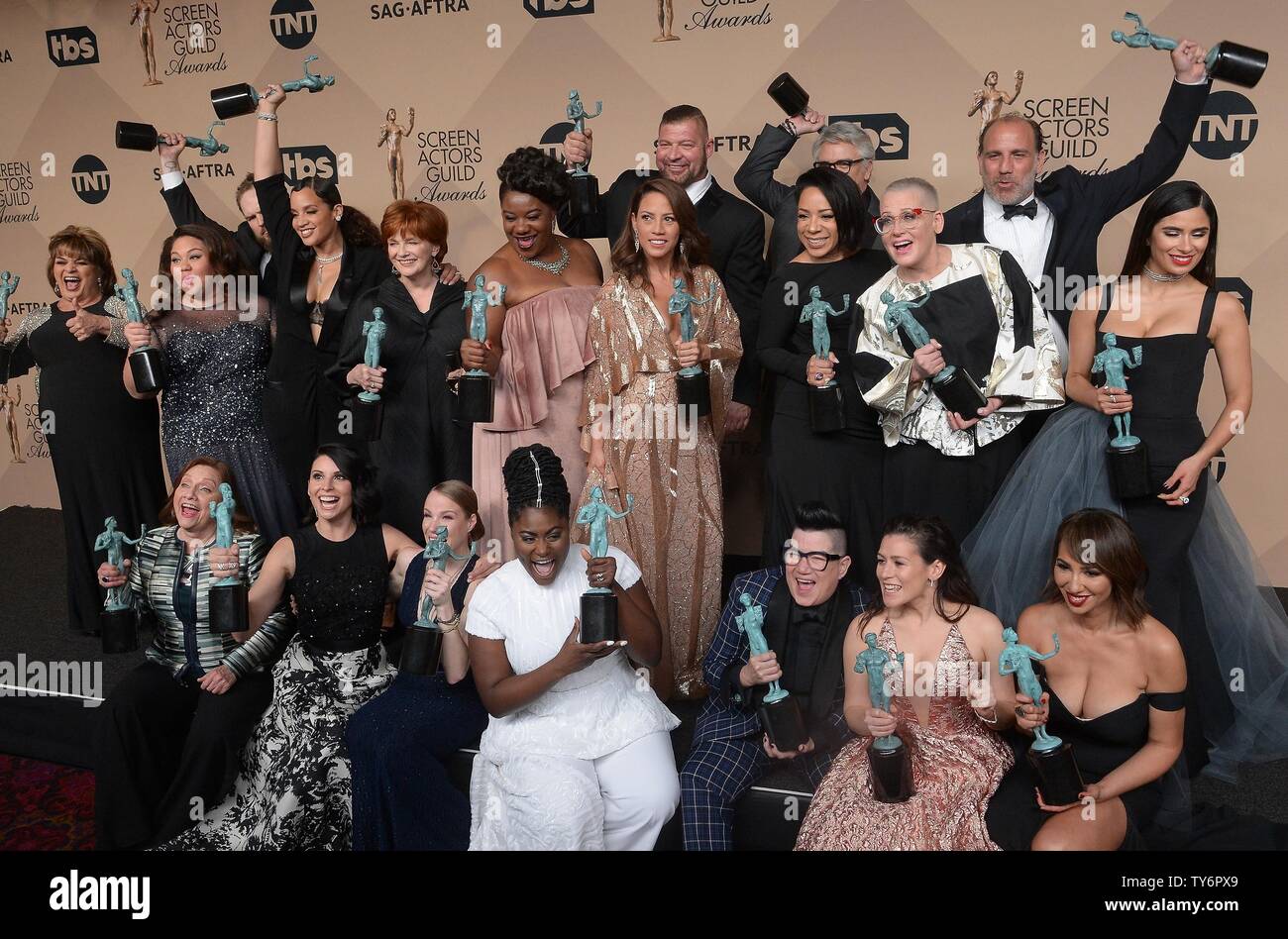 Orange Is The New Black Cast Members Appear Backstage With Their Award For Outstanding Performance By An Ensemble In A Comedy Series During The The 23rd Annual Sag Awards Held At The