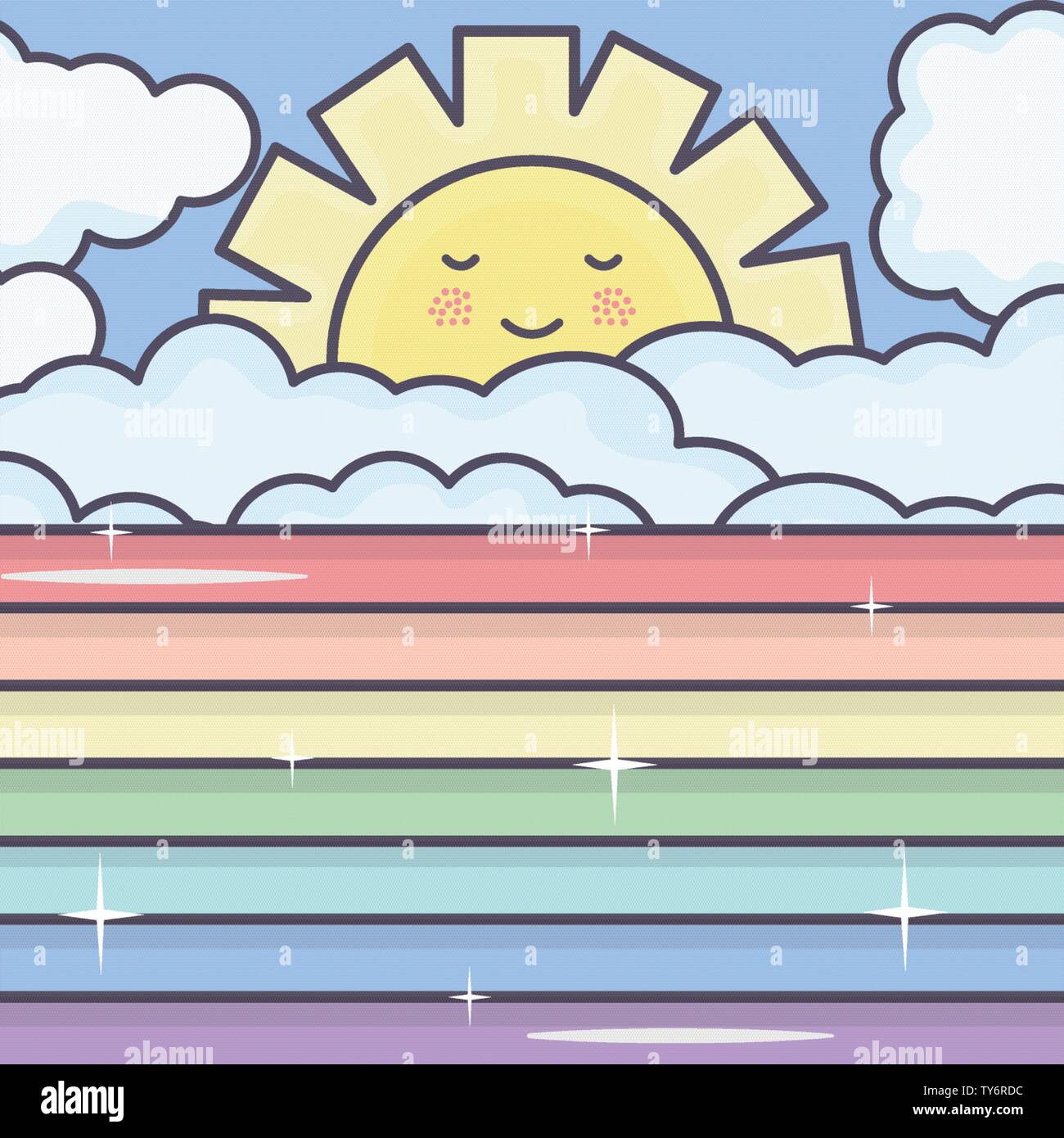 cute summer sun and clouds with rainbow kawaii characters illustration ...