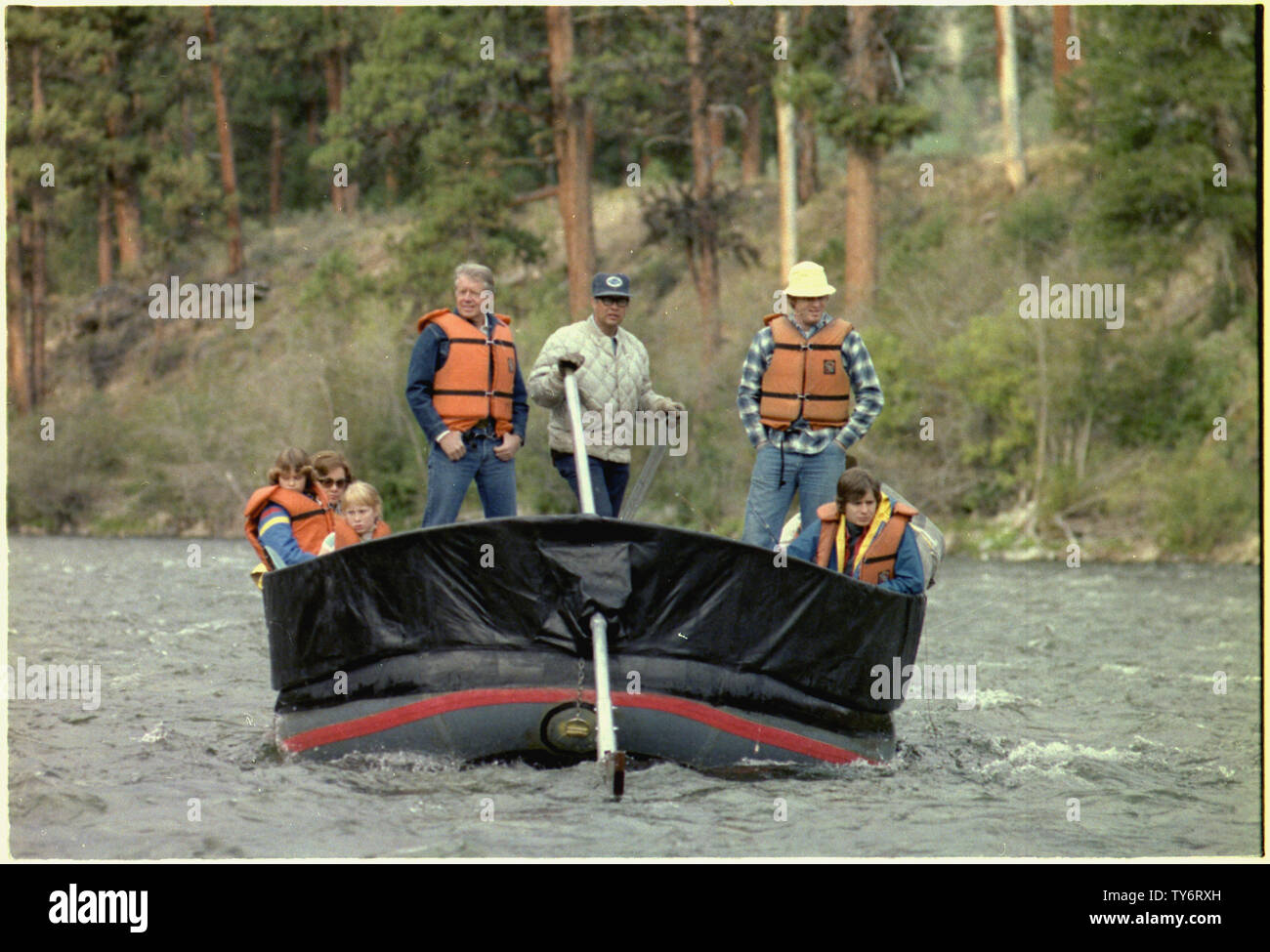 Jimmy Carter and family rafting down the Salmon River Stock Photo
