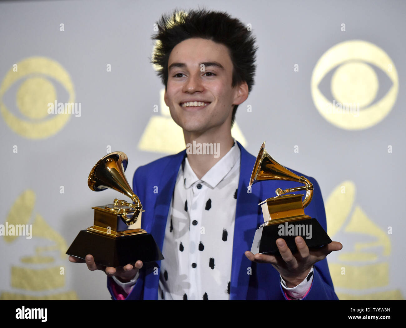 Jacob Collier appears backstage with his awards for Best Arrangement, Instrumental or A Cappella for 'You and I' and Best Arrangement, Instruments and Vocals for 'Flintstones' during the 59th annual Grammy Awards held at Staples Center in Los Angeles on February 12, 2017.  Photo by Christine Chew/UPI Stock Photo