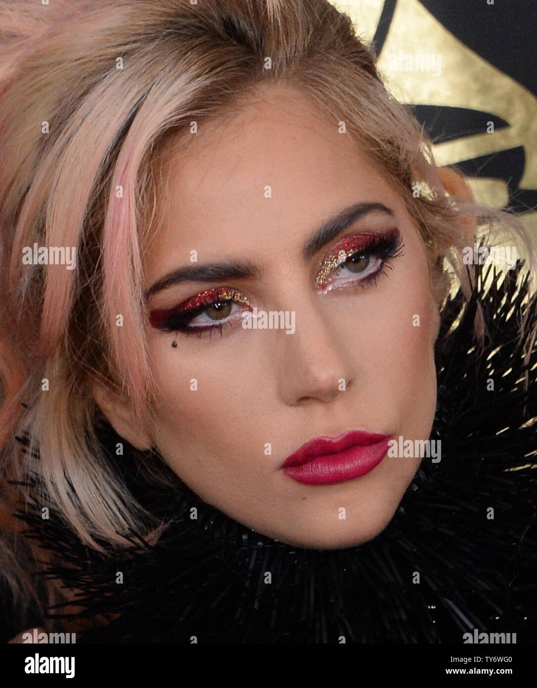Singer Lady Gaga arrives for the 59th annual Grammy Awards held at ...