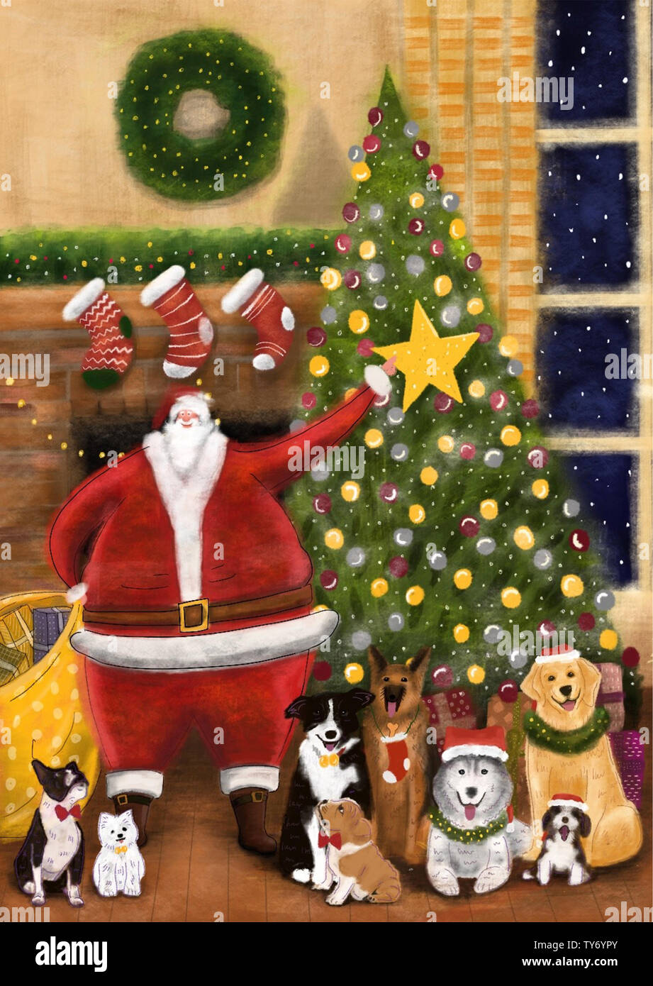 santa and dog christmas illustration Stock Photo