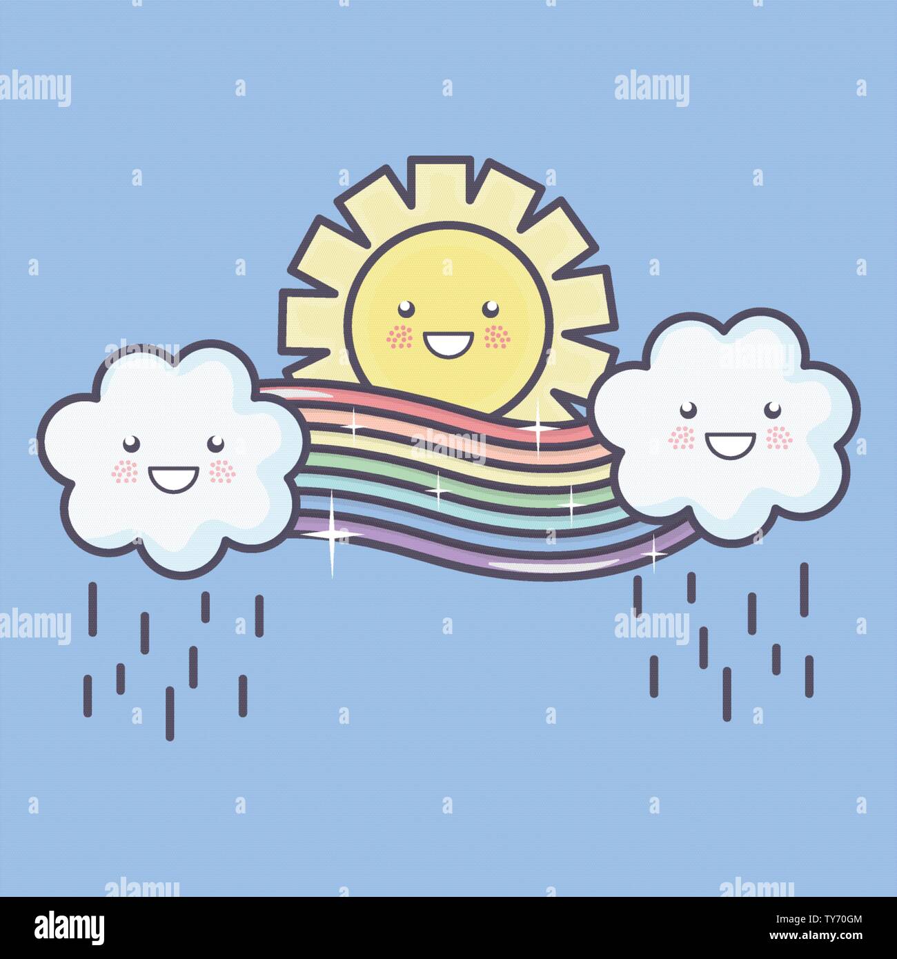 cute summer sun and clouds rainy with rainbow kawaii characters ...