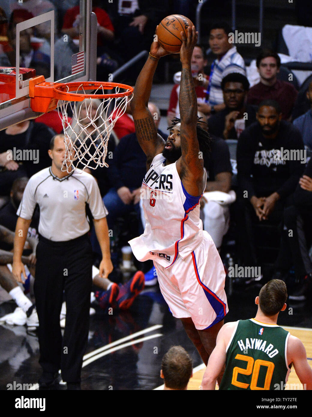 Clippers Center De Andre Jordan Dunks The Ball In Game 5 Of Their Best Of Seven Western Conference Playoff Series Against The Jazz At Staples Center In Los Angeles On April 25 17 The