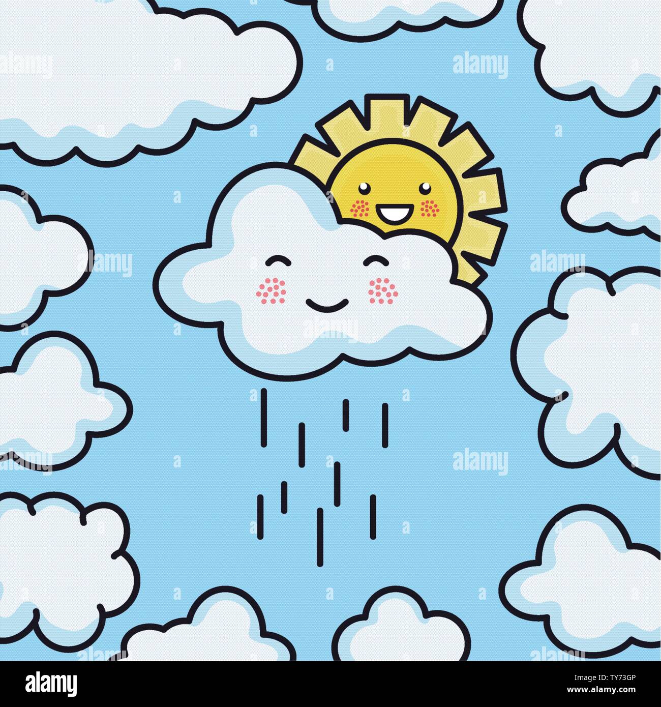 cute summer sun and clouds rainy kawaii characters illustration design ...