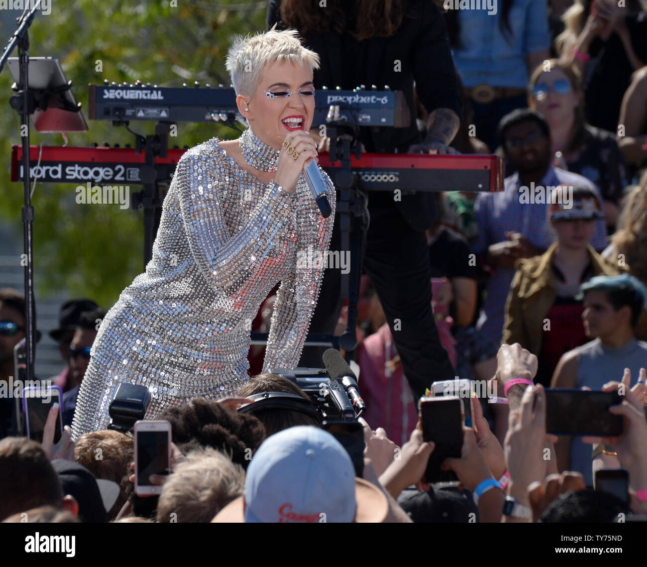 Katy Perry performs at the Witness World Wide exclusive YouTube livestream concert at Ramon C. Cortines High School for Performing Arts in Los Angeles on June 12, 2017.   Photo by Jim Ruymen/UPI Stock Photo