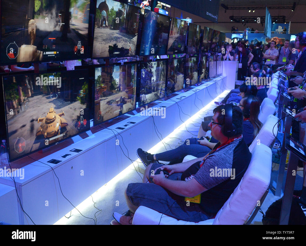 Attendees experience the Star Wars Battlefront II booth at the E3 Electronic Entertainment Expo, featuring programming, live demonstrations of.upcoming games, panels and conversations in Los Angeles on June 13, 2017.  Photo by Jim Ruymen/UPI Stock Photo
