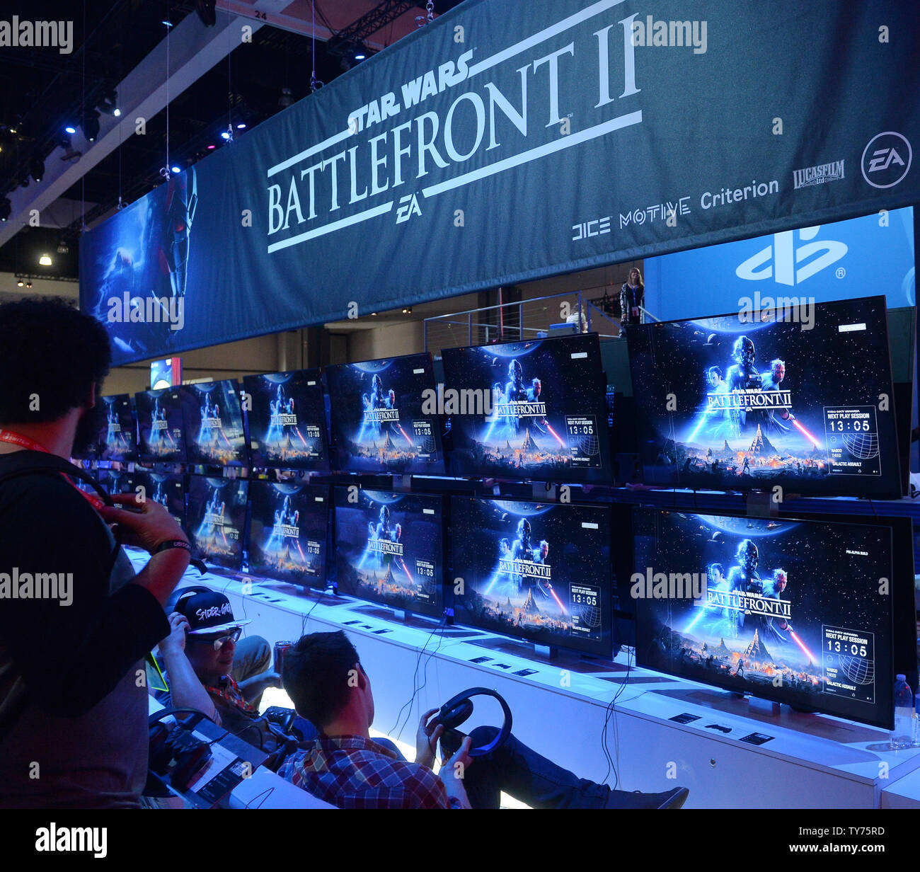 Attendees experience the Star Wars Battlefront II booth at the E3 Electronic Entertainment Expo, featuring programming, live demonstrations of.upcoming games, panels and conversations in Los Angeles on June 13, 2017.  Photo by Jim Ruymen/UPI Stock Photo