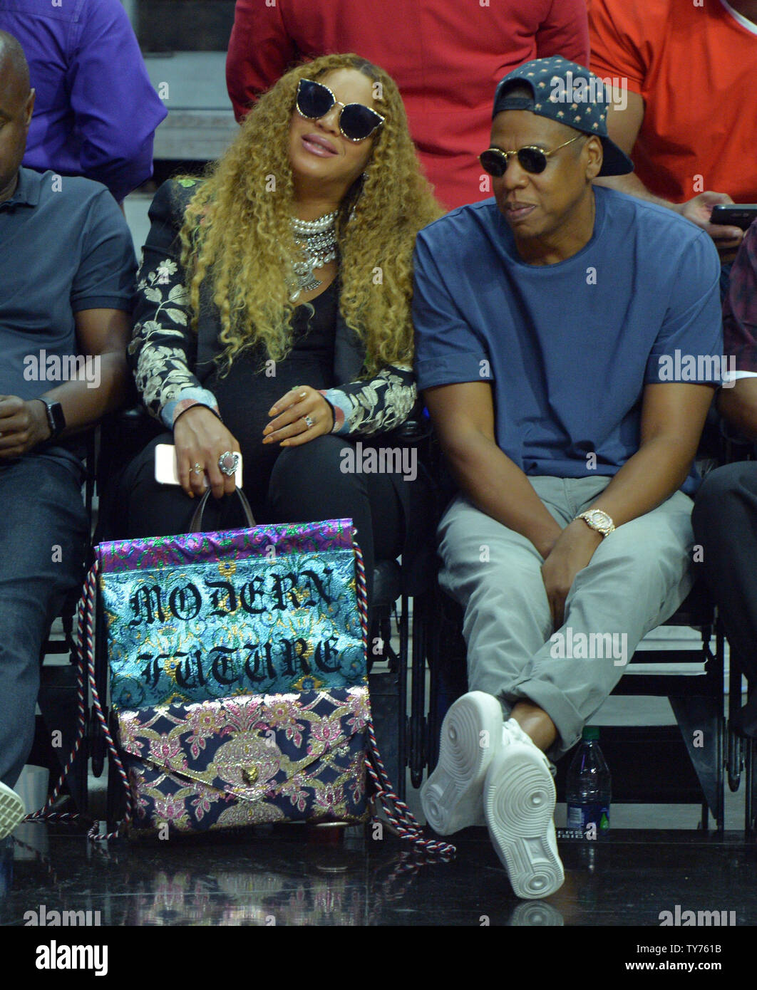 Beyonce and Jay Z sit courtside as they attend Game 7 of the best-of-seven first round playoffs between the Los Angeles Clippers and the Utah Jazz at Staples Center in Los Angeles on April 30, 2017. Beyonce Knowles and Shawn 'Jay Z' Carter have welcomed twins in one of the most highly anticipated celebrity births, according to multiple reports Sunday. One of those reports was granddad himself, Matthew Knowles, who blasted the news on Twitter with a Father's Day post reading 'They're here!' and 'Happy Birthday to the twins!'  File Photo by Jim Ruymen/UPI Stock Photo