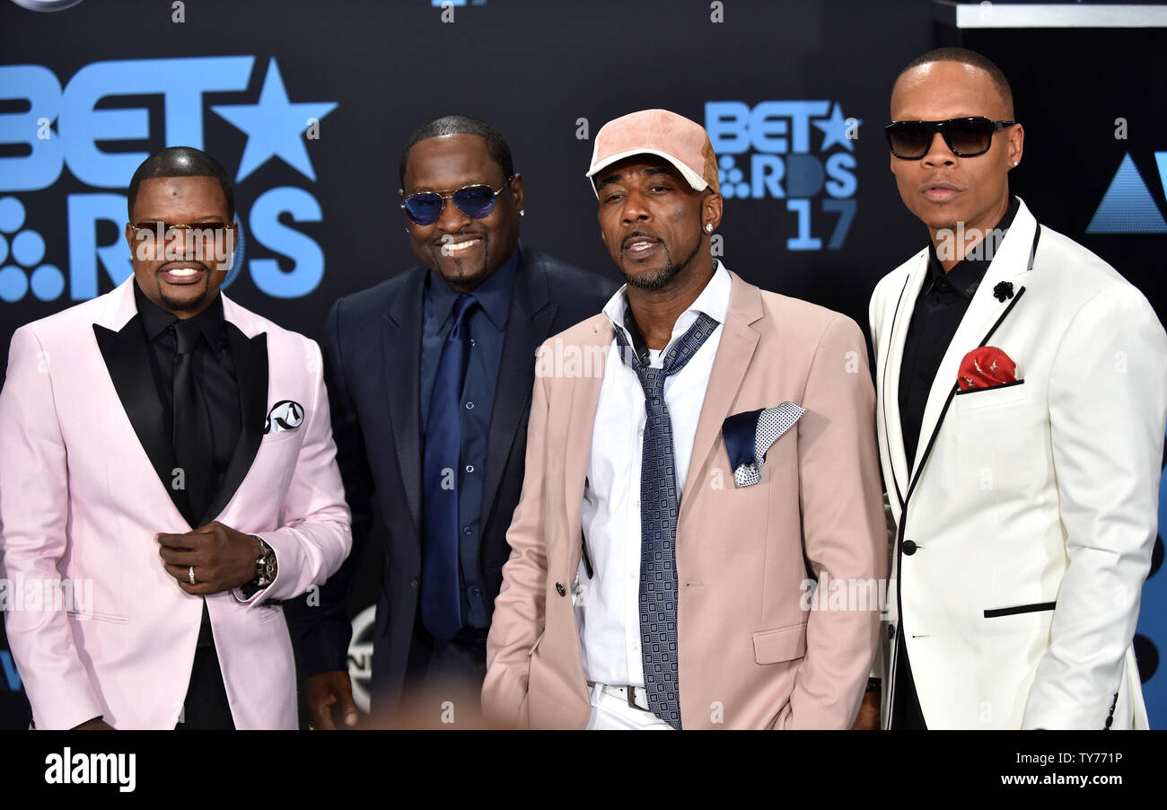 (L-R) Michael Bivins, Ricky Bell, Johnny Gill, Ralph Tresvant, and Ronnie DeVoe of New Edition attend the 17th annual BET Awards at Microsoft Theater in Los Angeles on June 25, 2017. The ceremony celebrates achievements in entertainment and honors music, sports, television, and movies released between April 1, 2016 and March 31, 2017.  Photo by Christine Chew/UPI Stock Photo