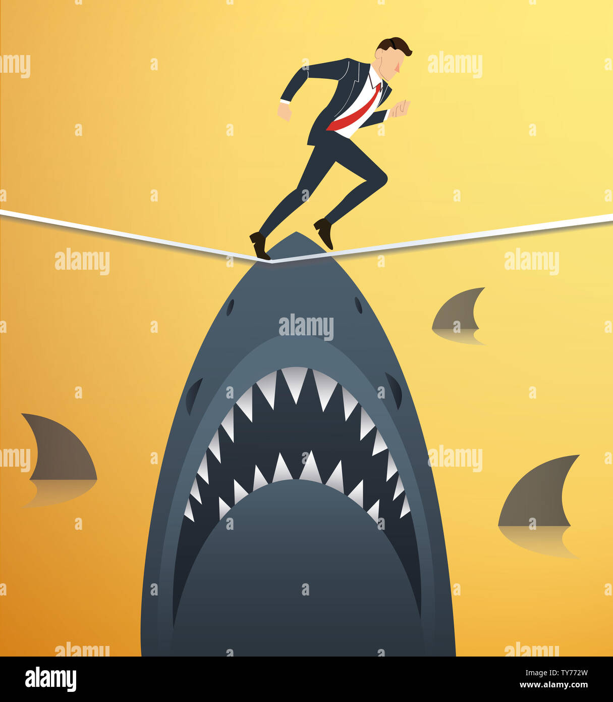 illustration of a businessman walking on rope with sharks underneath ...