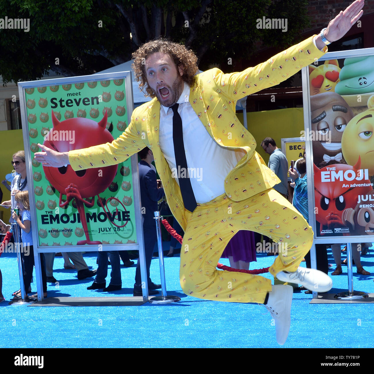 Cast member T.J. Miller, the voice of Gene in the animated motion picture comedy "The Emoji Movie" attends the premiere of the film at the Regency Village Theatre in the Westwood section of Los Angeles on July 23, 2017. Storyline: Gene, a multi-expressional emoji, sets out on a journey to become a normal emoji.  Photo by Jim Ruymen/UPI Stock Photo