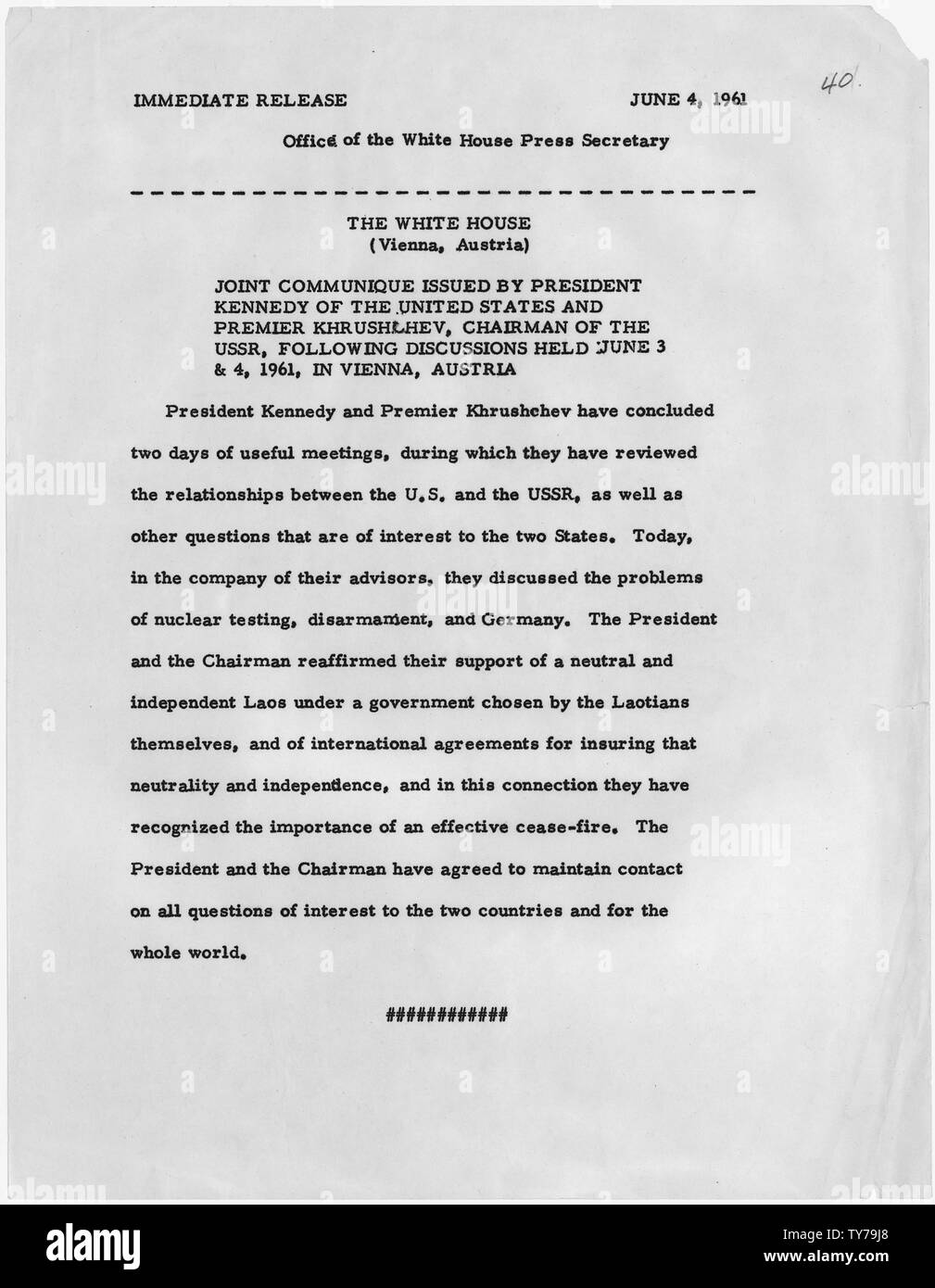 Joint Communique, President Kennedy and Premier Khrushchev June 4, 1961; Scope and content:  Joint statement of President John F. Kennedy and Soviet Premier Nikita Khrushchev Stock Photo