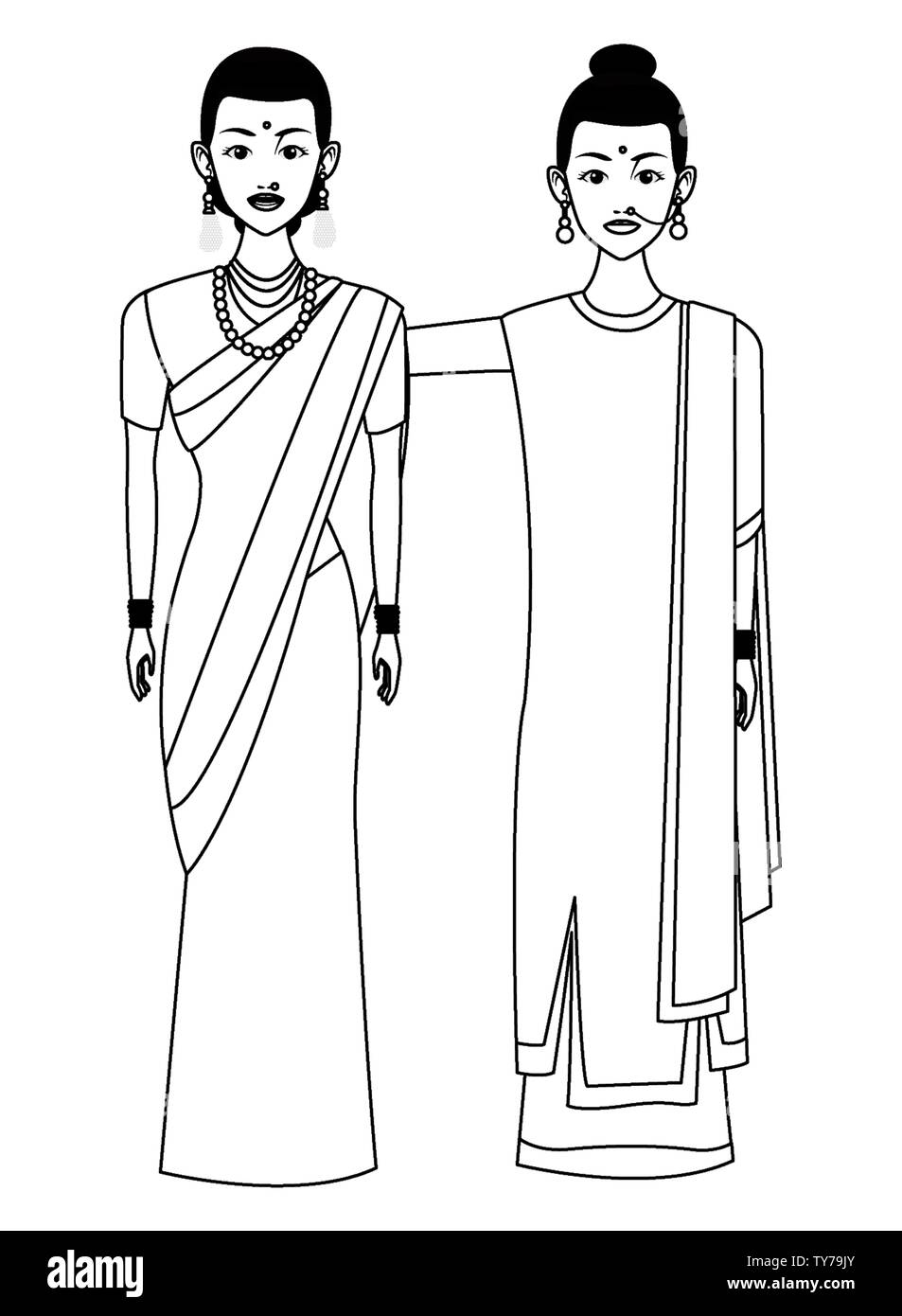 indian women avatar cartoon character in black and white Stock Vector ...
