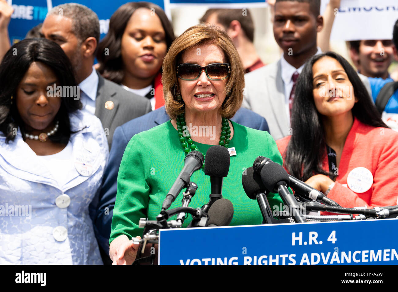 Speaker of the United States House of Representatives Nancy Pelosi (D-CA) speaking at a rally at the U.S. Capitol for H.R.4, the 'Voting Rights Advancement Act of 2019'. Stock Photo