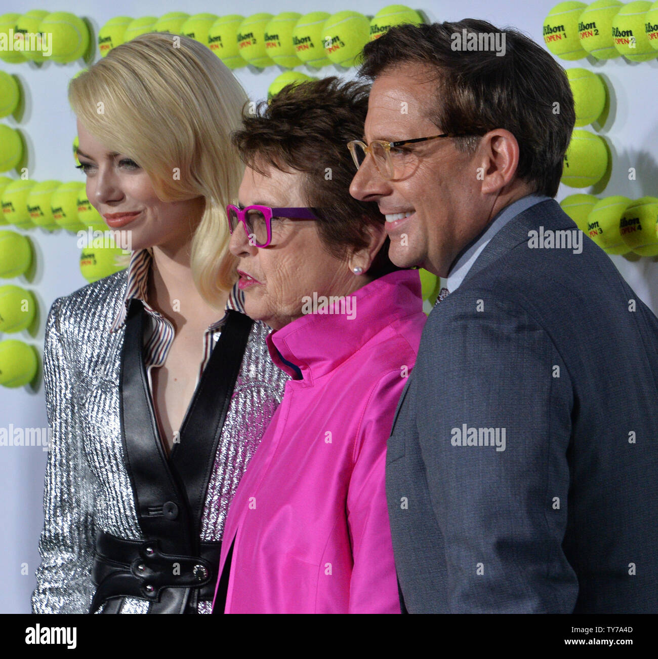 Former tennis player Billie Jean King (C) is joined by cast
