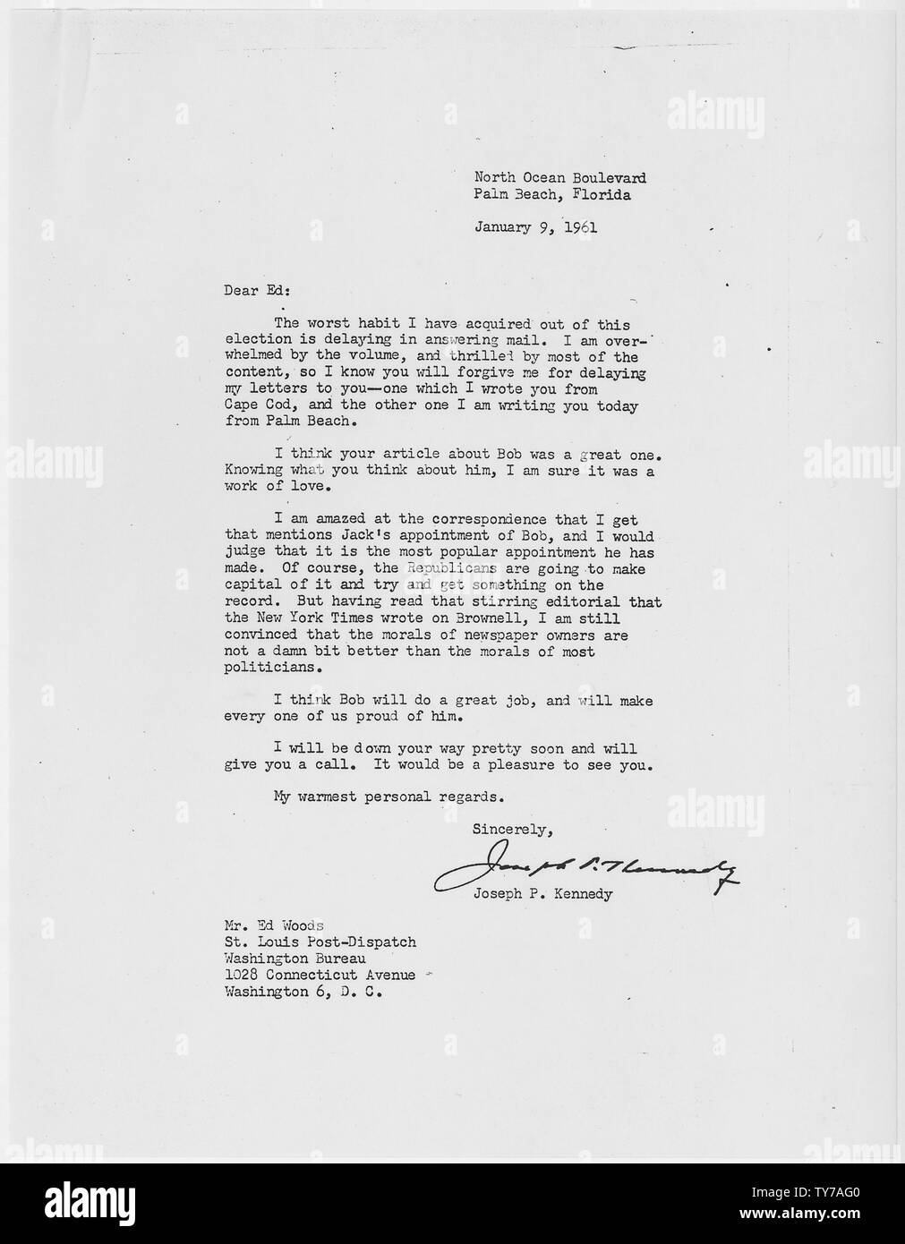 Joseph P. Kennedy Letter on Robert F. Kennedy's Appointment as Attorney General January 9, 1961; Scope and content:  Letter from Joseph P. Kennedy, Sr. to Ed Woods of the St. Louis Post Dispatch concerning Robert F. Kennedy's appointment as Attorney General of the United States. Stock Photo