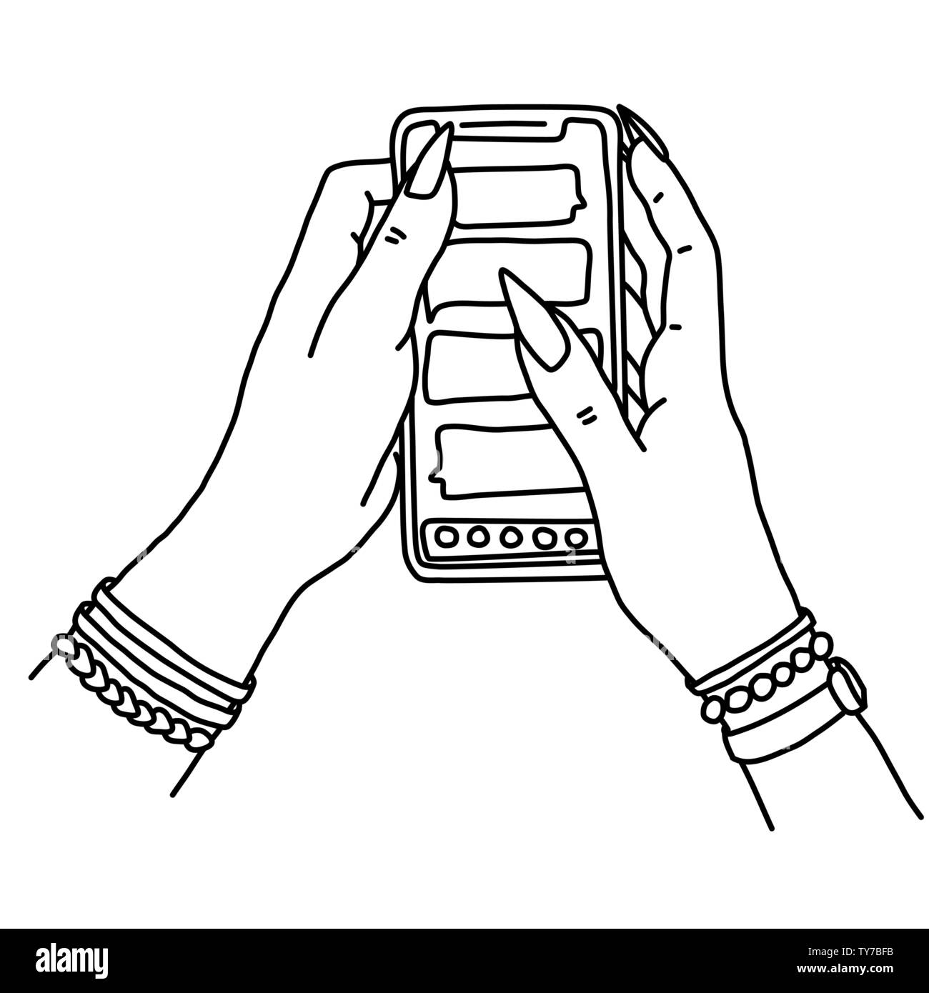 Hands with long nails holding smartphone. Woman texting sketch. Girl sends messages. Vector illustration. Stock Vector