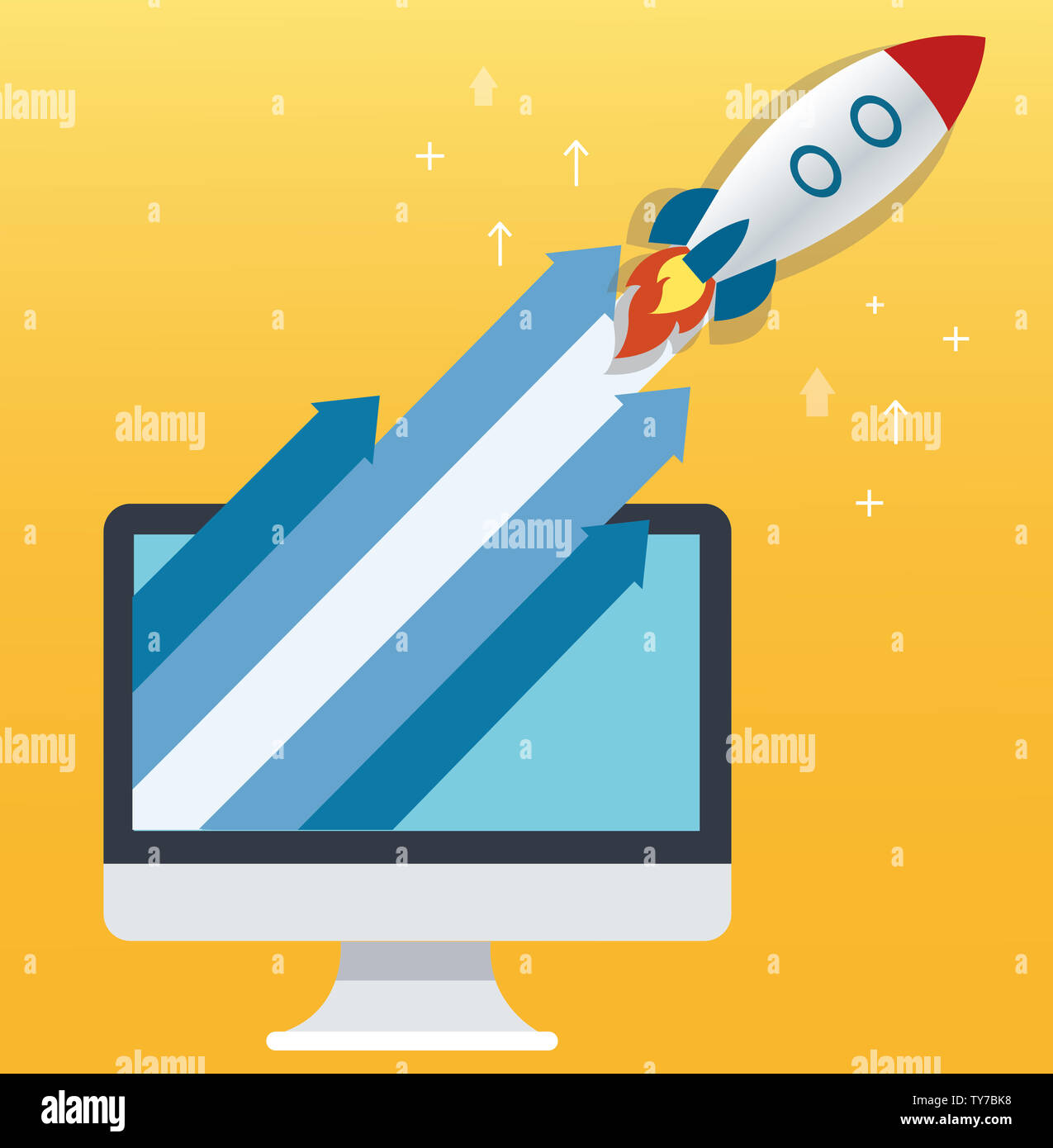 the rocket icon and computer yellow background, startup business ...