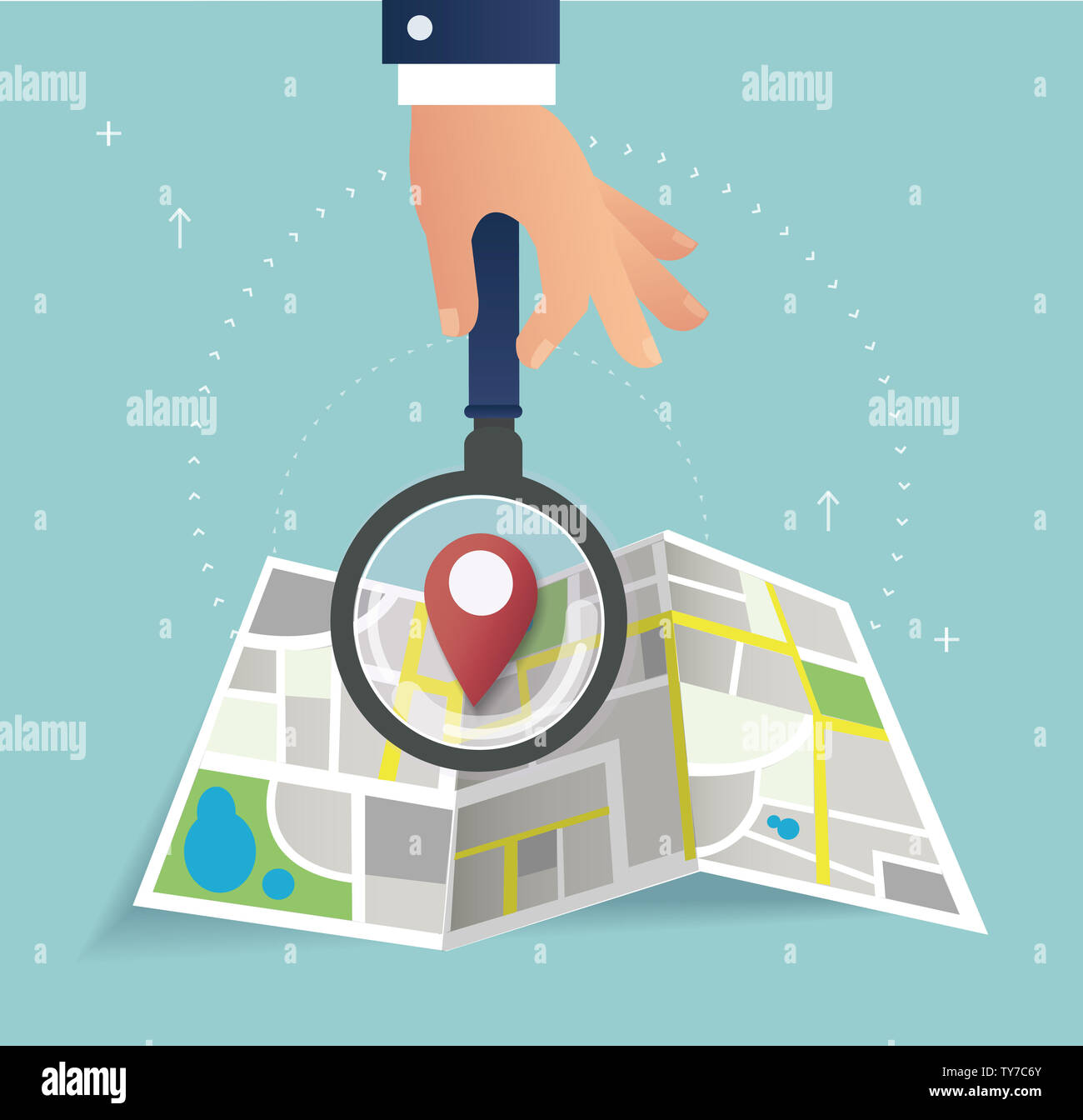 the magnifying glass and pin location icon and map Stock Photo - Alamy