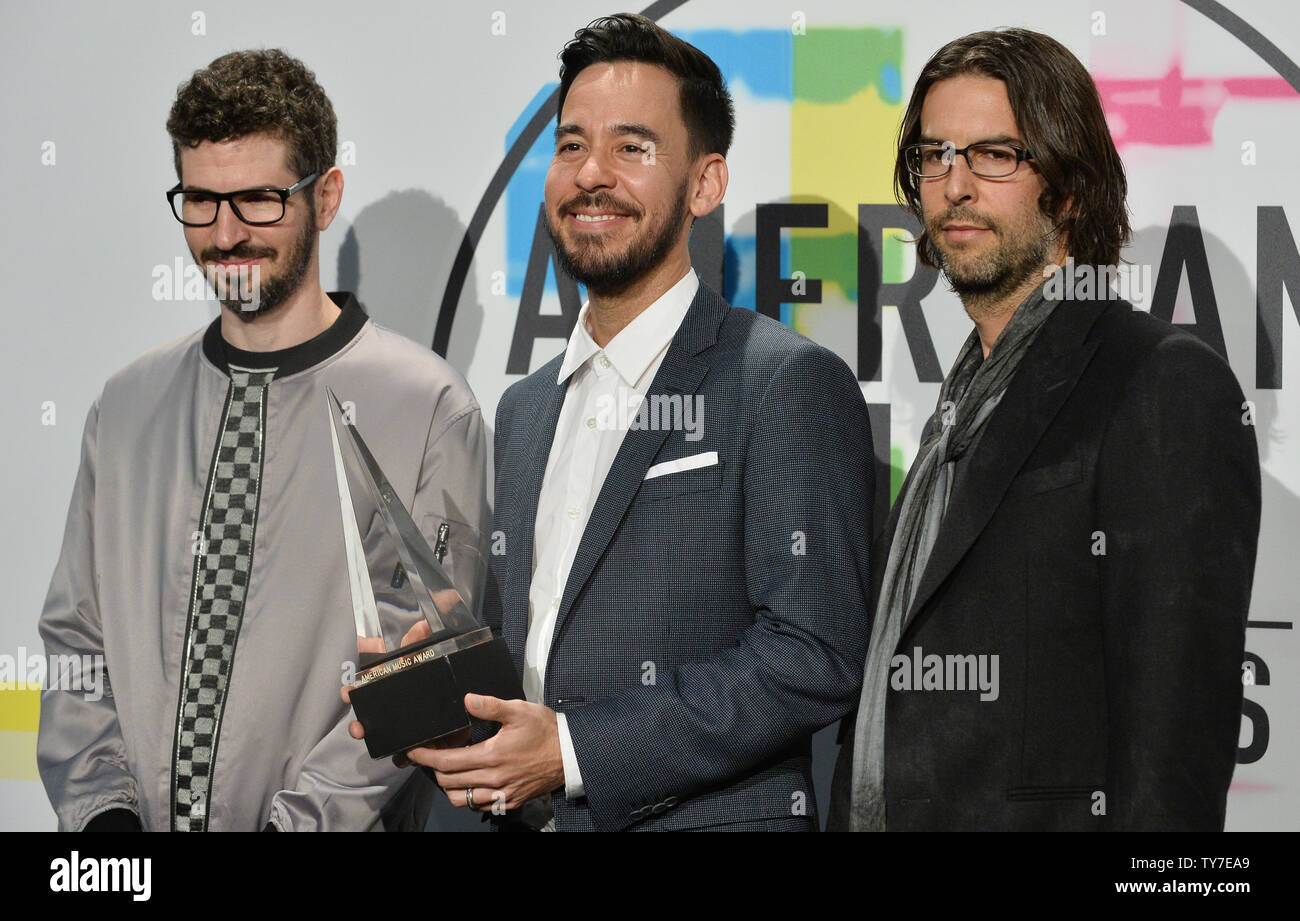 Brad Delson, Mike Shinoda and Rob Bourdon of Linkin Park backstage for their win for Favorite Artist - Alternative Rock at the annual American Music Awards held at Microsoft Theater in Los Angeles, on November 19, 2017.  Photo by Jim Ruymen/UPI Stock Photo