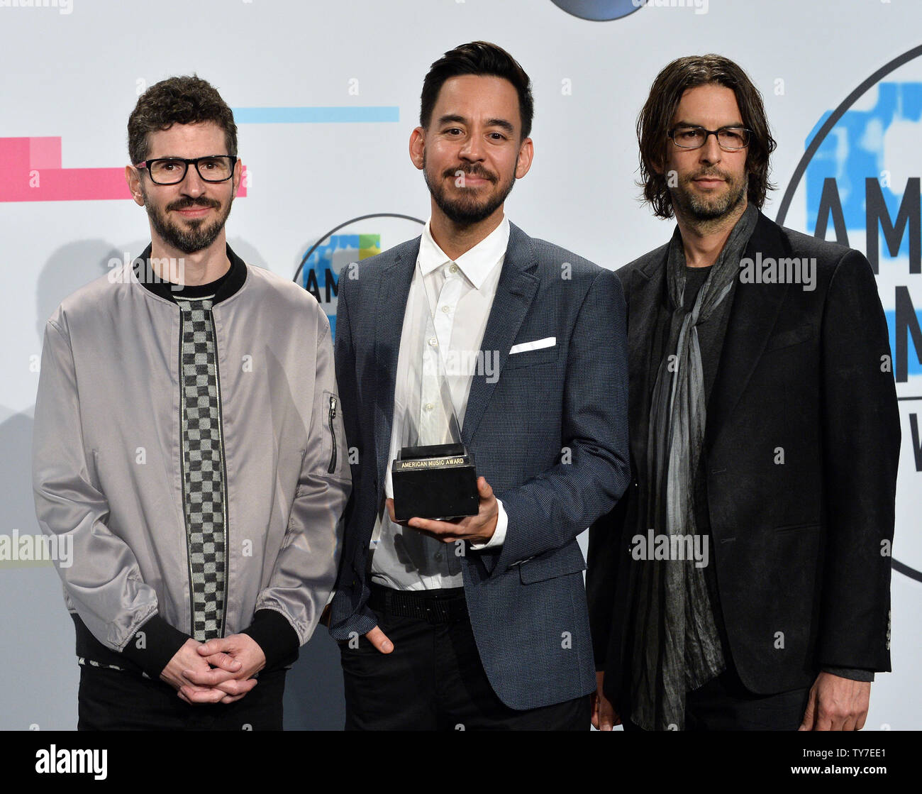 Brad Delson, Mike Shinoda and Rob Bourdon (L-R) of Linkin Park appear backstage after being named Favorite Alternative Rock Artist during the annual American Music Awards held at Microsoft Theater in Los Angeles, on November 19, 2017. Photo by Jim Ruymen/UPI Stock Photo