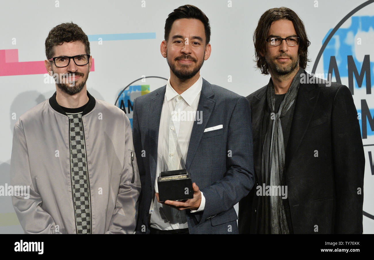 Brad Delson, Mike Shinoda and Rob Bourdon of Linkin Park backstage for their win for Favorite Artist - Alternative Rock at the annual American Music Awards held at Microsoft Theater in Los Angeles, on November 19, 2017.  Photo by Jim Ruymen/UPI Stock Photo