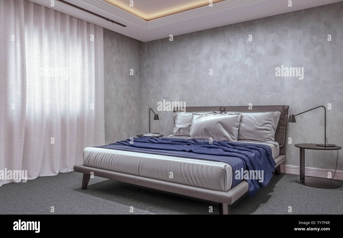 Modern Interior Design Of Basement Bedroom With Small Window King Size Bed With Bed Sheets Carpet Flooring And Concrete Style Gray Walls 3d Renderi Stock Photo Alamy