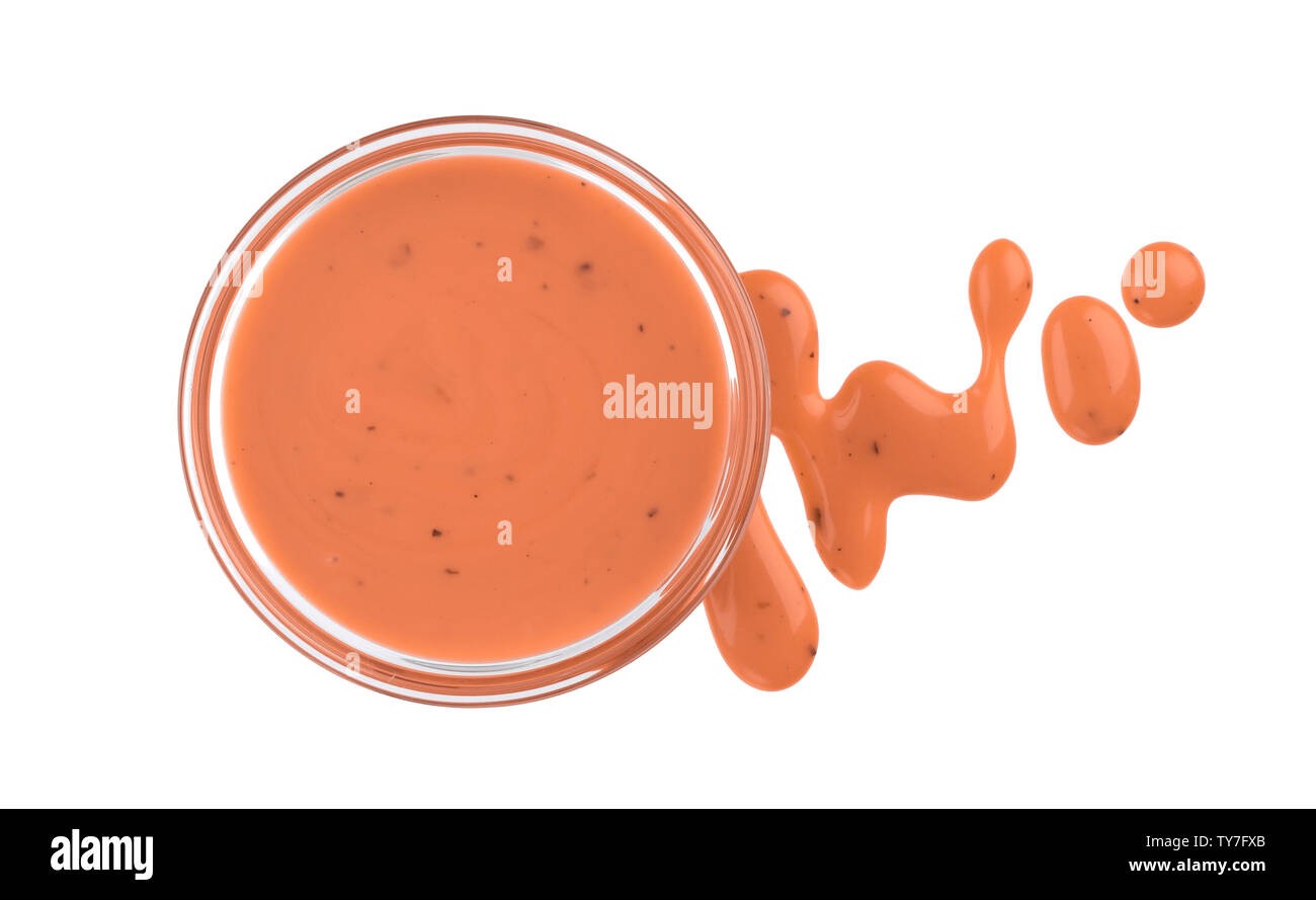 Pink cocktail sauce isolated on white background, top view, small bowl