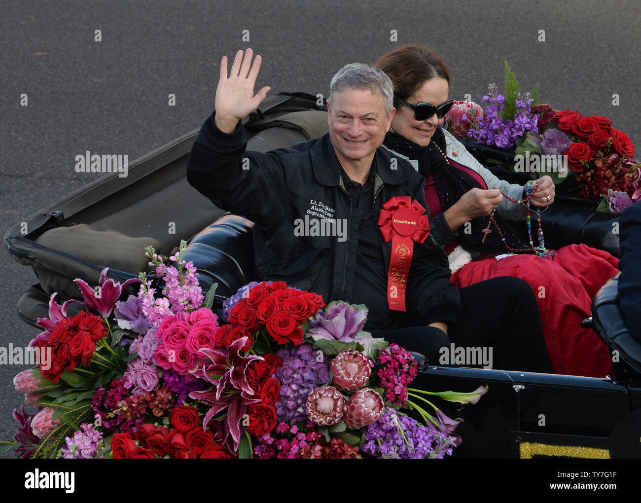 Parade Grand Marshal, actor Gary Sinise and his wife Moira Harris ride down Colorado Boulevard during the 129th Tournament of Roses Parade held in Pasadena, California on January 1, 2018. Photo by Jim Ruymen/UPI Stock Photo