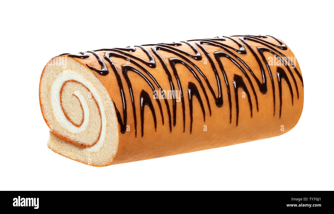 Sponge cake roll isolated on white background, swiss roll with vanilla cream Stock Photo